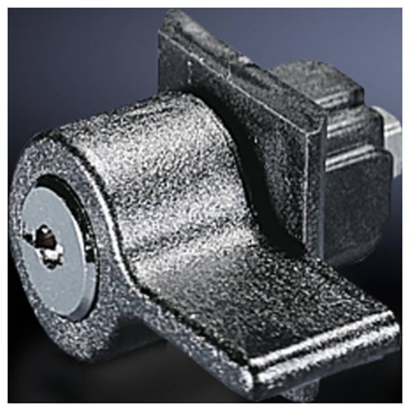 A close-up of a black cam lock with a key slot, on a dark background. The lock has a metallic finish and a flat, rectangular lever.