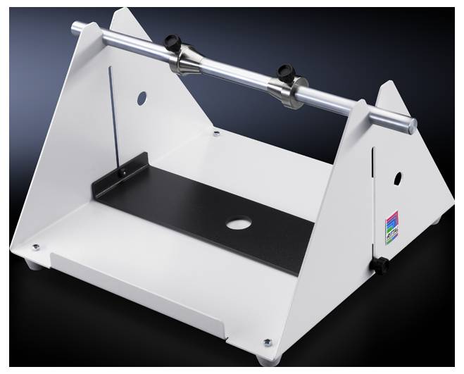 A white metal stand with a horizontal rod, featuring two adjustable clamps on top, set against a dark background.