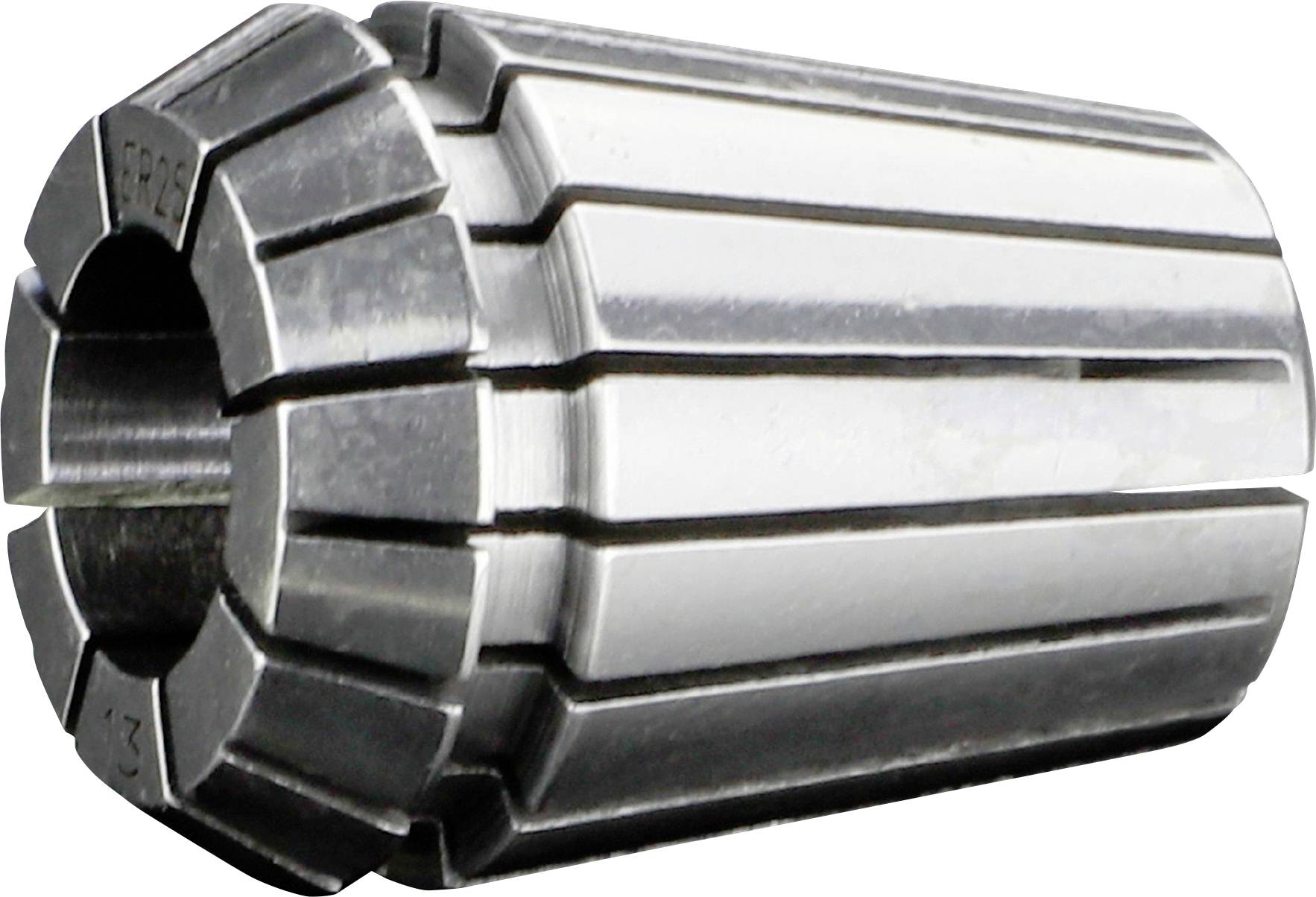 A metal collet, designed for clamping devices, featuring multiple slits for flexibility and secure gripping, displayed on a white background.