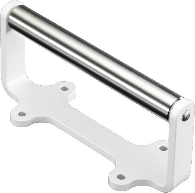 A white door handle with a stainless steel grip, suitable for modern interiors. Mounting holes visible for installation.