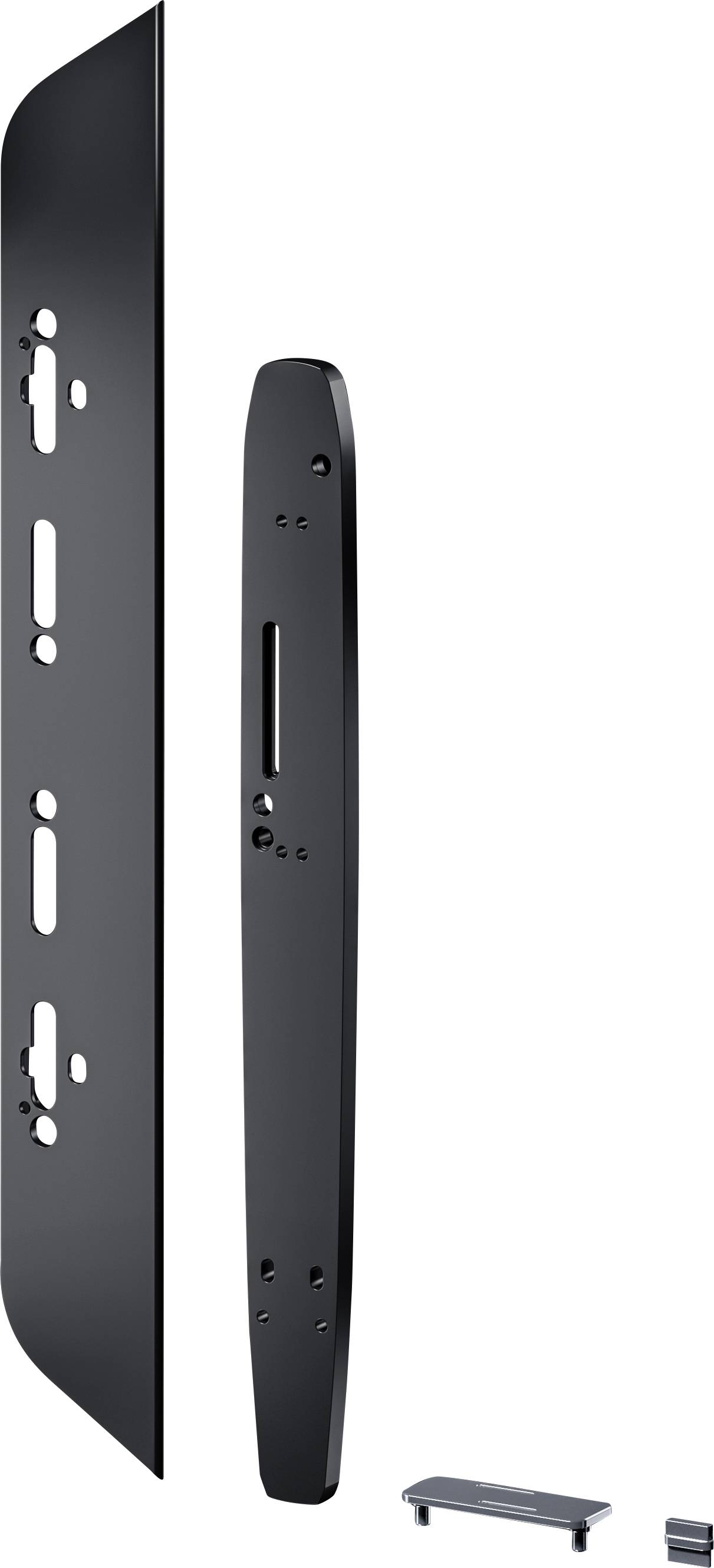 Black escutcheon plates and hardware for electronic deadbolt, shown from various angles, highlighting keyholes and screw placements.