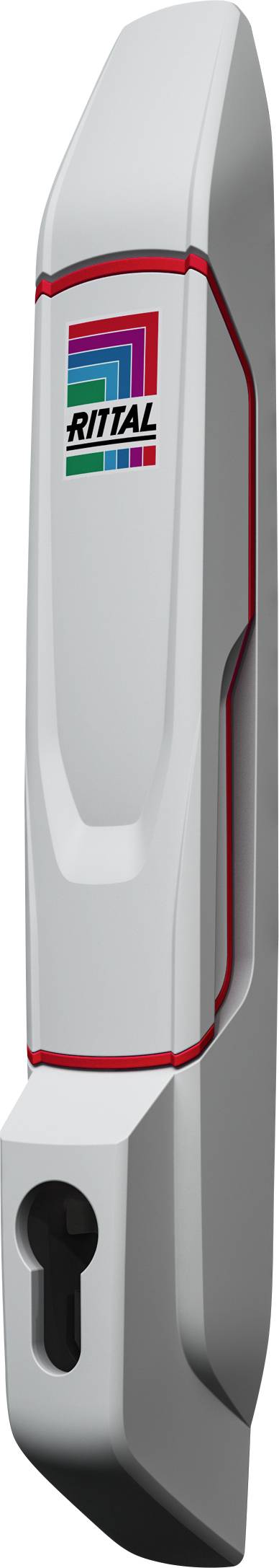 A close-up image of a sleek, modern door handle with a keyhole at the base. The handle features a colorful geometric logo on its surface.