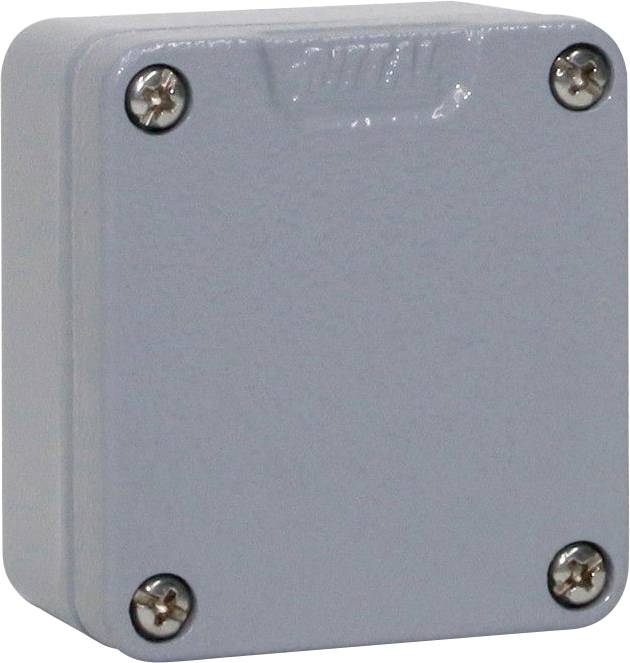 A gray, rectangular electrical junction box with rounded edges and four corner screws for mounting.