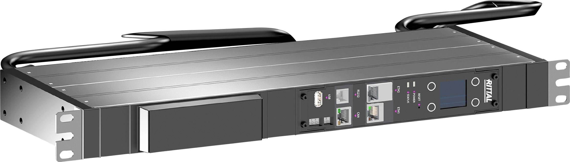 A 1U rackmount device with various ports, buttons, and a display for data center or network infrastructure use.