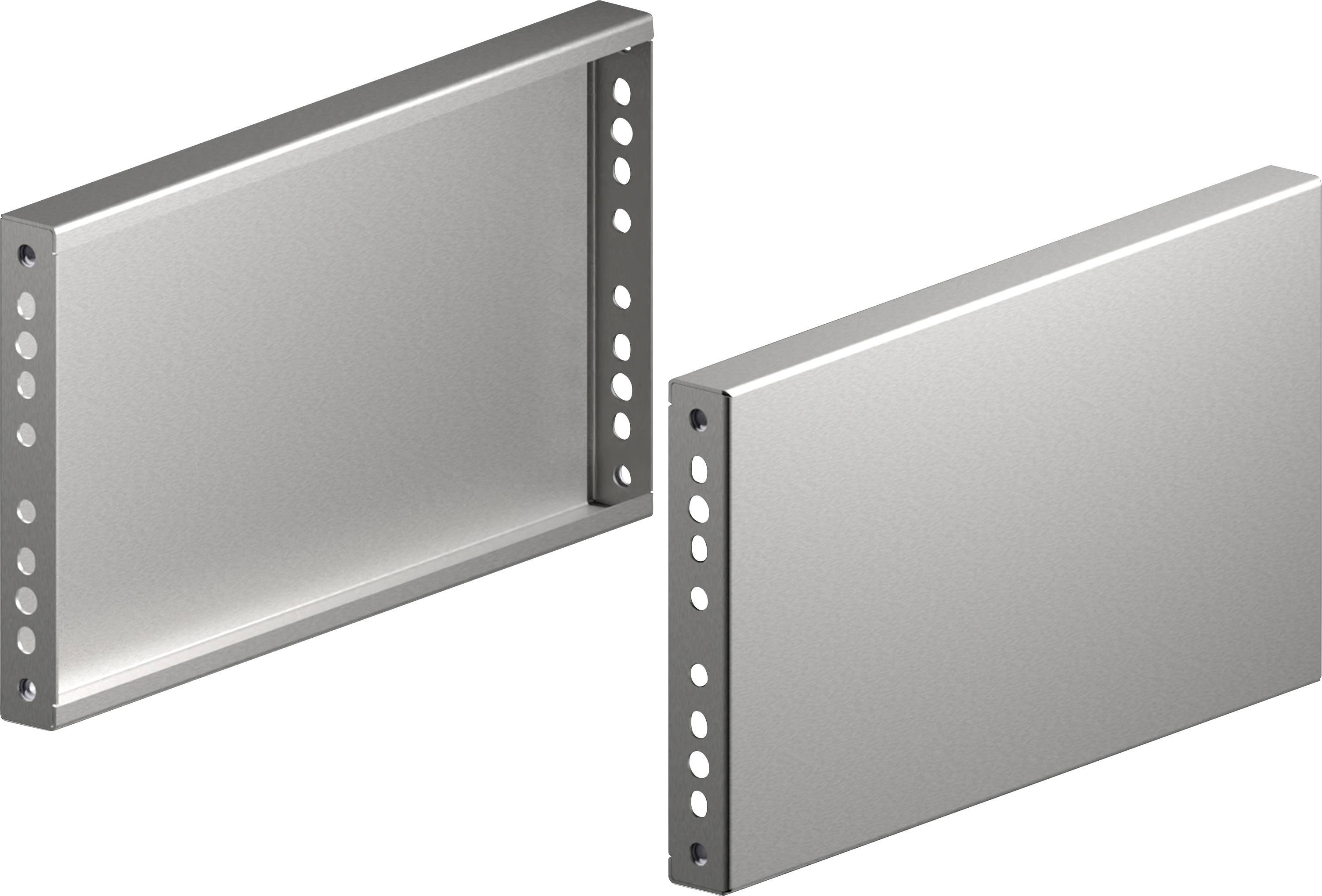Silver rectangular metallic plates with multiple circular holes along one edge, standing upright on their sides.