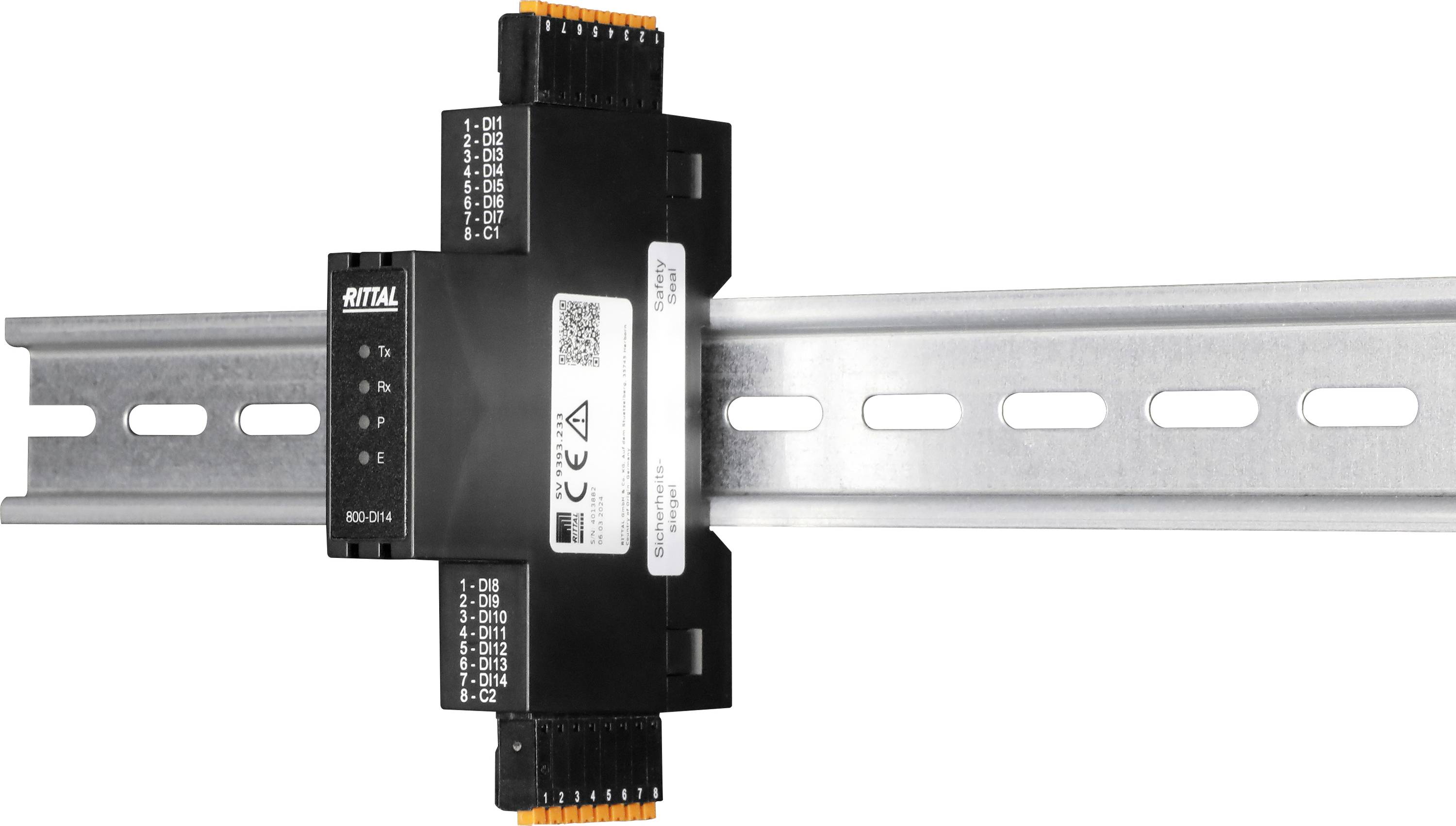 A black electrical modular device mounted on a slotted metal DIN rail, featuring various connection points and labeled with technical specifications.