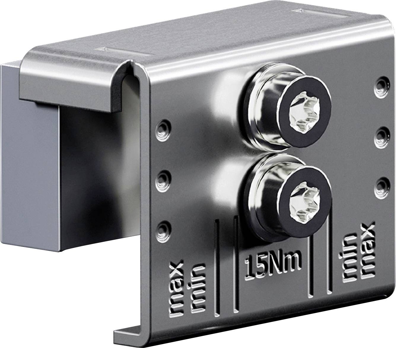 A metal bracket with two hexagonal bolts and markings showing '15Nm' torque setting and min-max indicators.