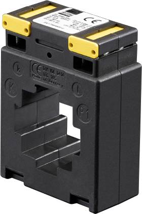 Rectangular electrical current transformer with yellow accent tabs, suited for attaching to busbars or cables, suitable for industrial use.