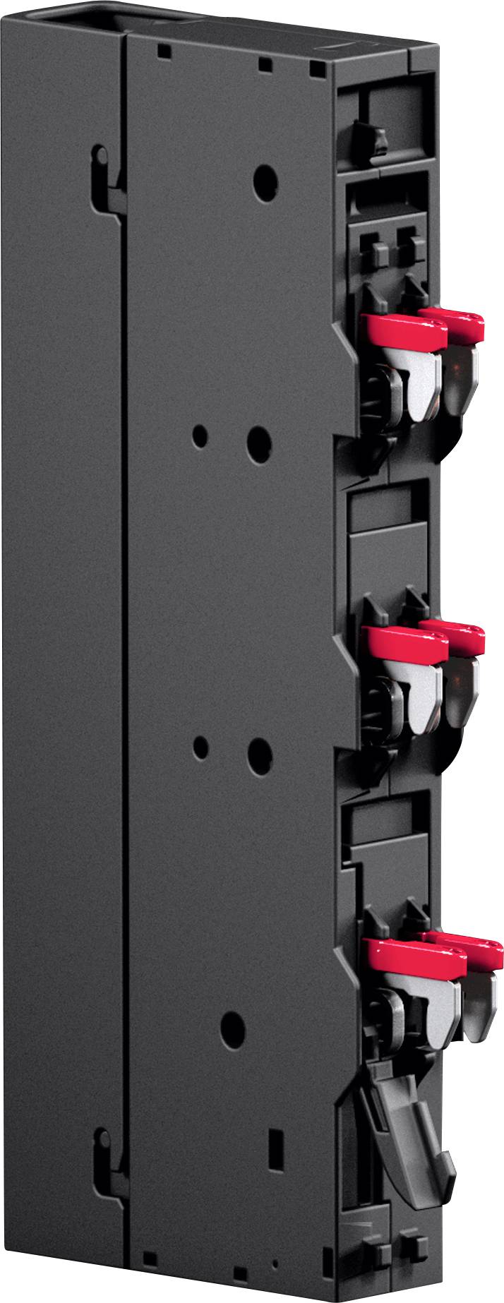 A vertical black circuit breaker with three red switch handles aligned vertically on the right side, used to control electrical circuits.