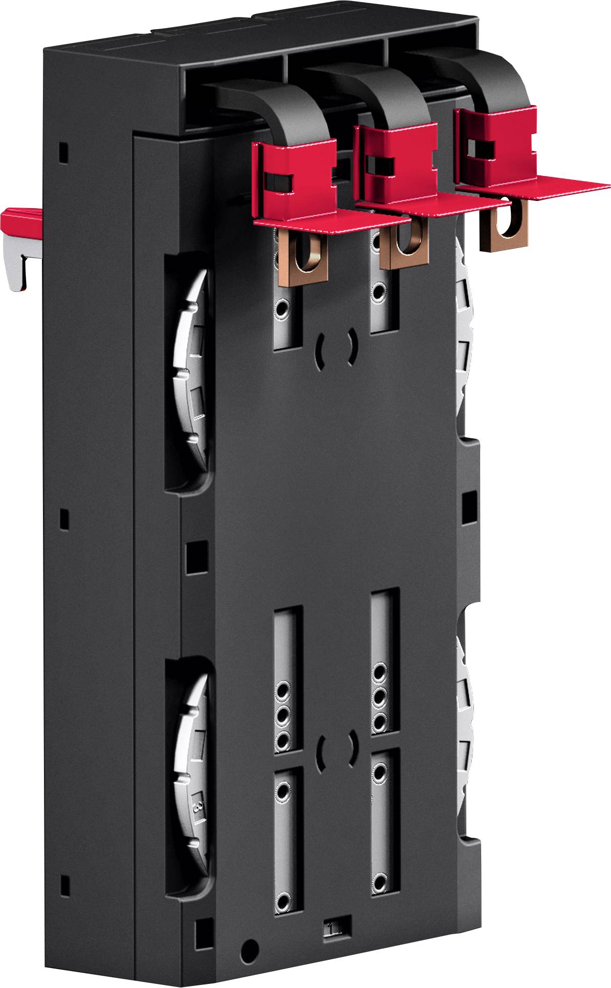 Three-pole circuit breaker in black, with red handles, used for electrical power distribution and protection.