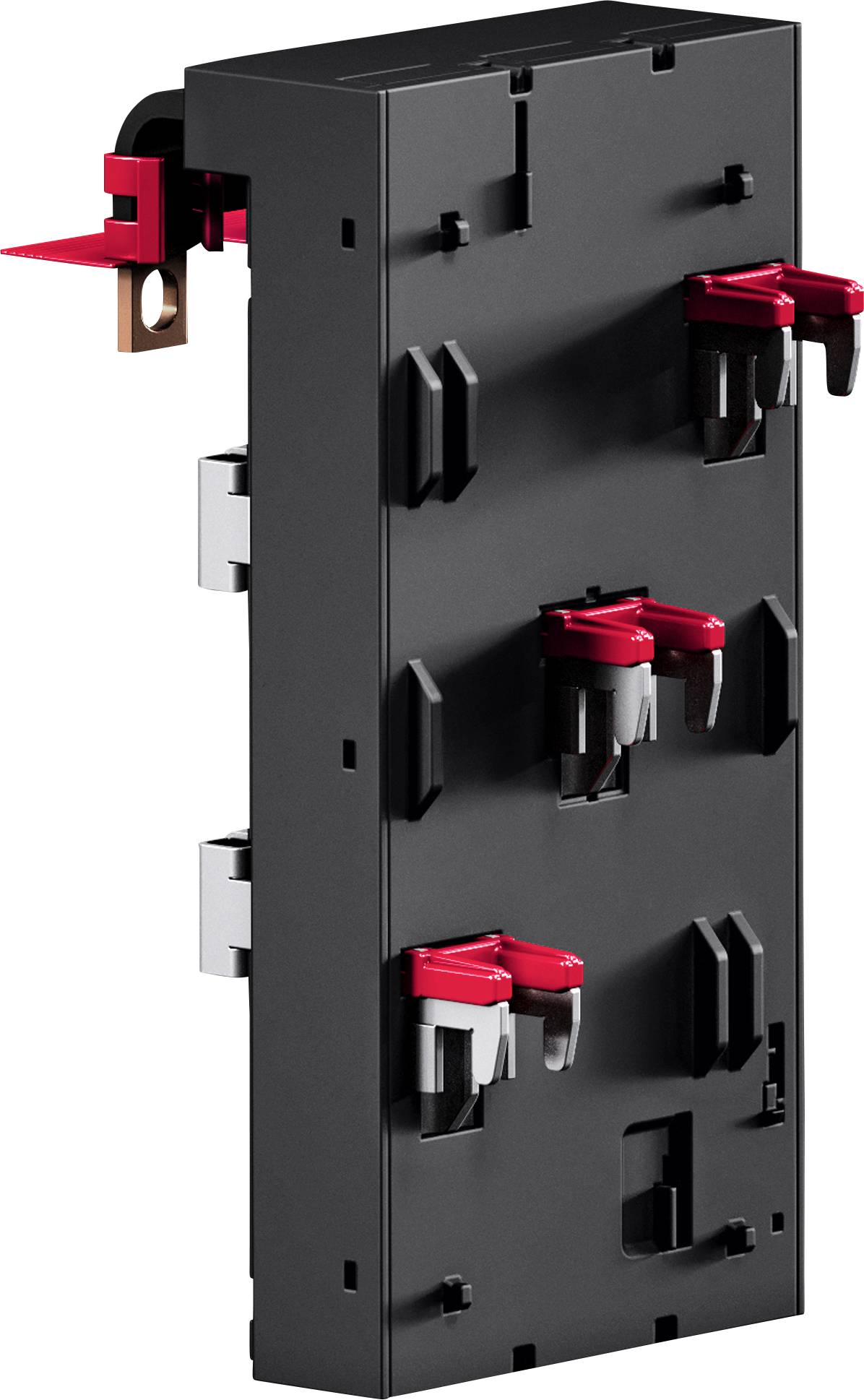 Black electrical panel with red switch connectors and copper terminals, designed for power distribution and circuit protection.