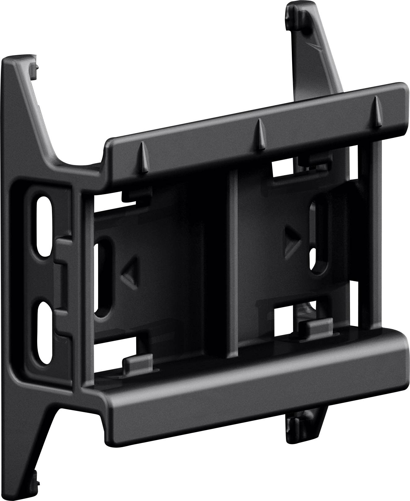 A black plastic wall mount bracket with a rectangular frame and slots for attaching components, likely used for electronic devices.