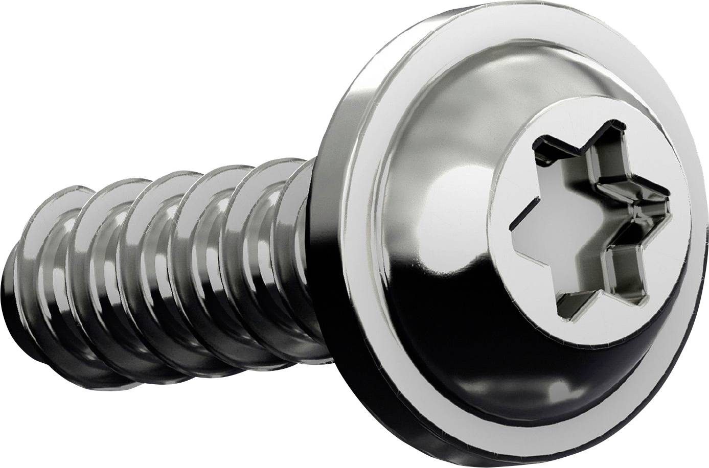 A close-up image of a shiny, metallic screw with a Phillips head, showing its threaded shaft and round head against a plain background.