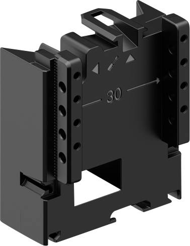A black plastic electrical DIN rail mounting bracket with triangular notches and a '30' marking, likely indicating measurement.