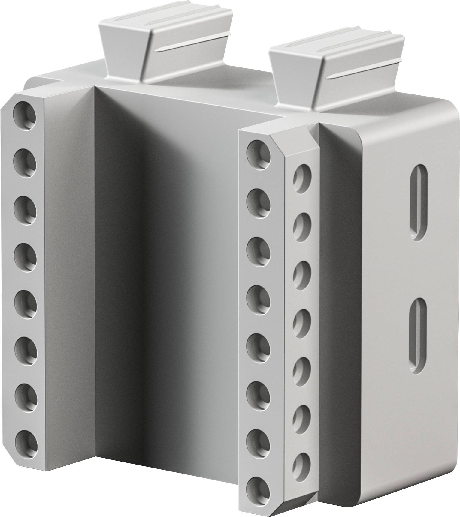 'Gray industrial component' showing a block with multiple circular holes on the sides and two protruding handles on the top.