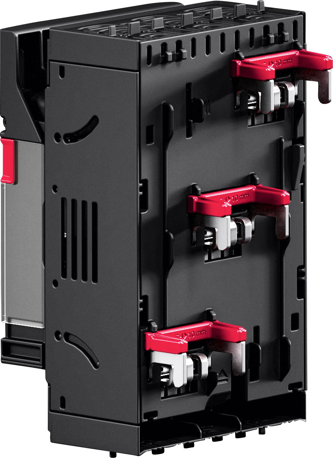 A black hardware component with red latches, possibly a part of a server or electronic device, showing connection points and locking mechanisms.