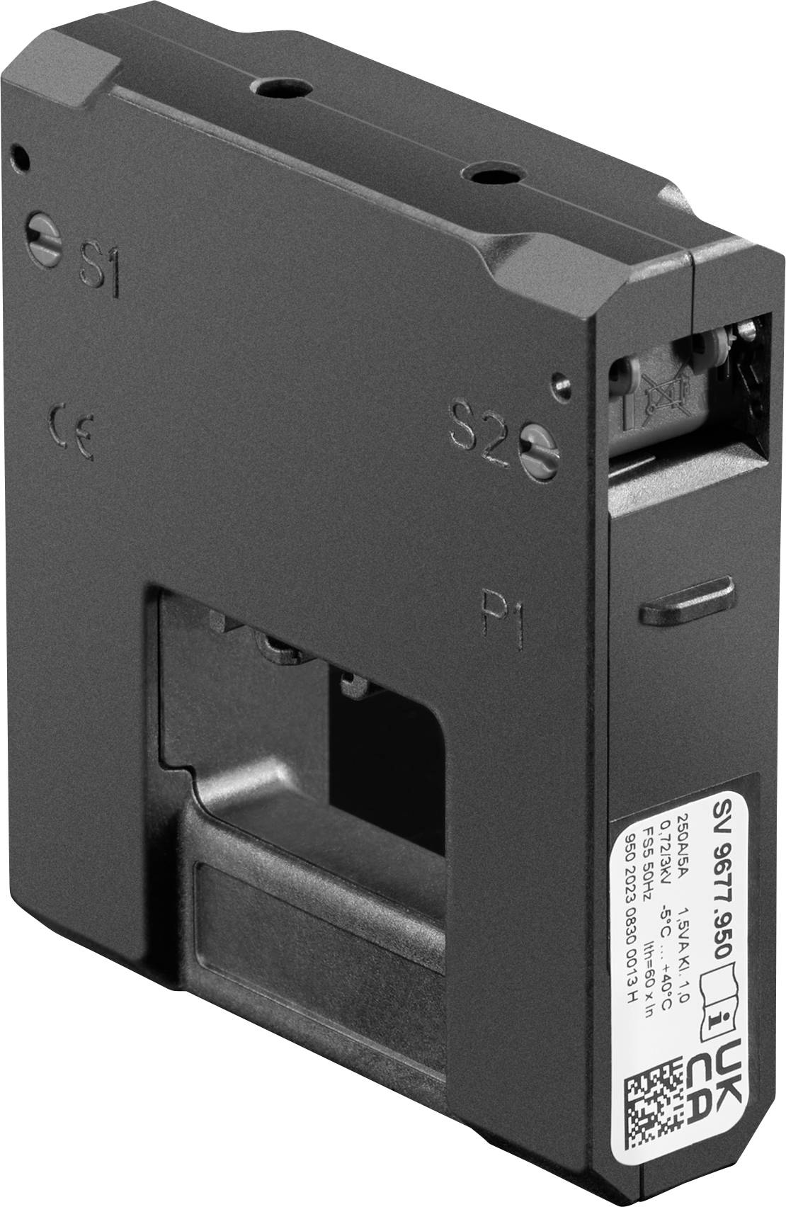 A compact black device with labeled sections 'S1', 'S2', and 'P1', has a rectangular slot and a sticker with product information on the side.