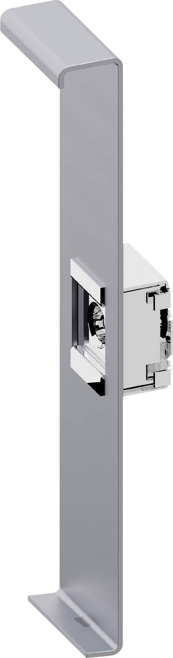 A vertical metal bracket with a rectangular notch, connected to a cube-shaped component, likely part of a mechanical assembly.