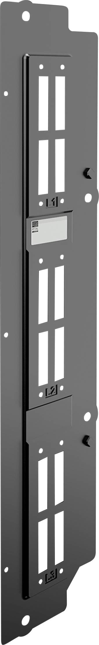 A black metal panel featuring cutouts for airflow, with three distinct sections and several screw holes for mounting purposes.