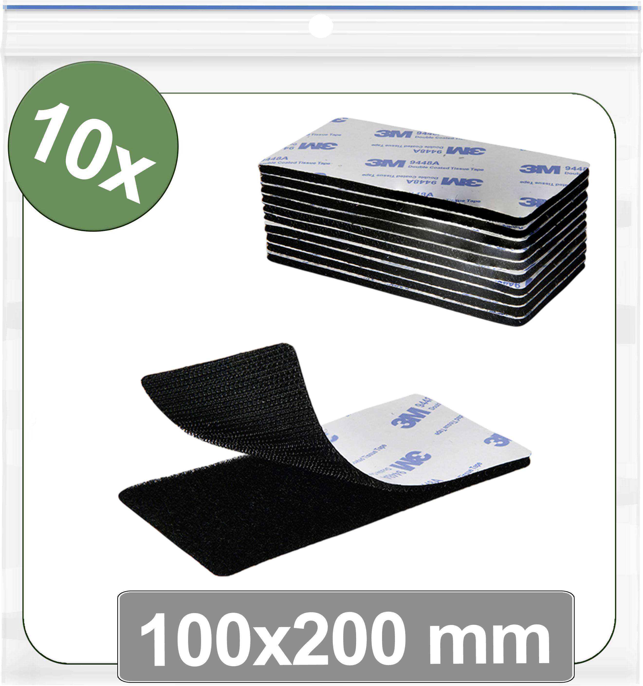 '10x' pack of black hook-and-loop adhesive strips, each 100x200 mm, with the 3M logo, displayed in a transparent package.