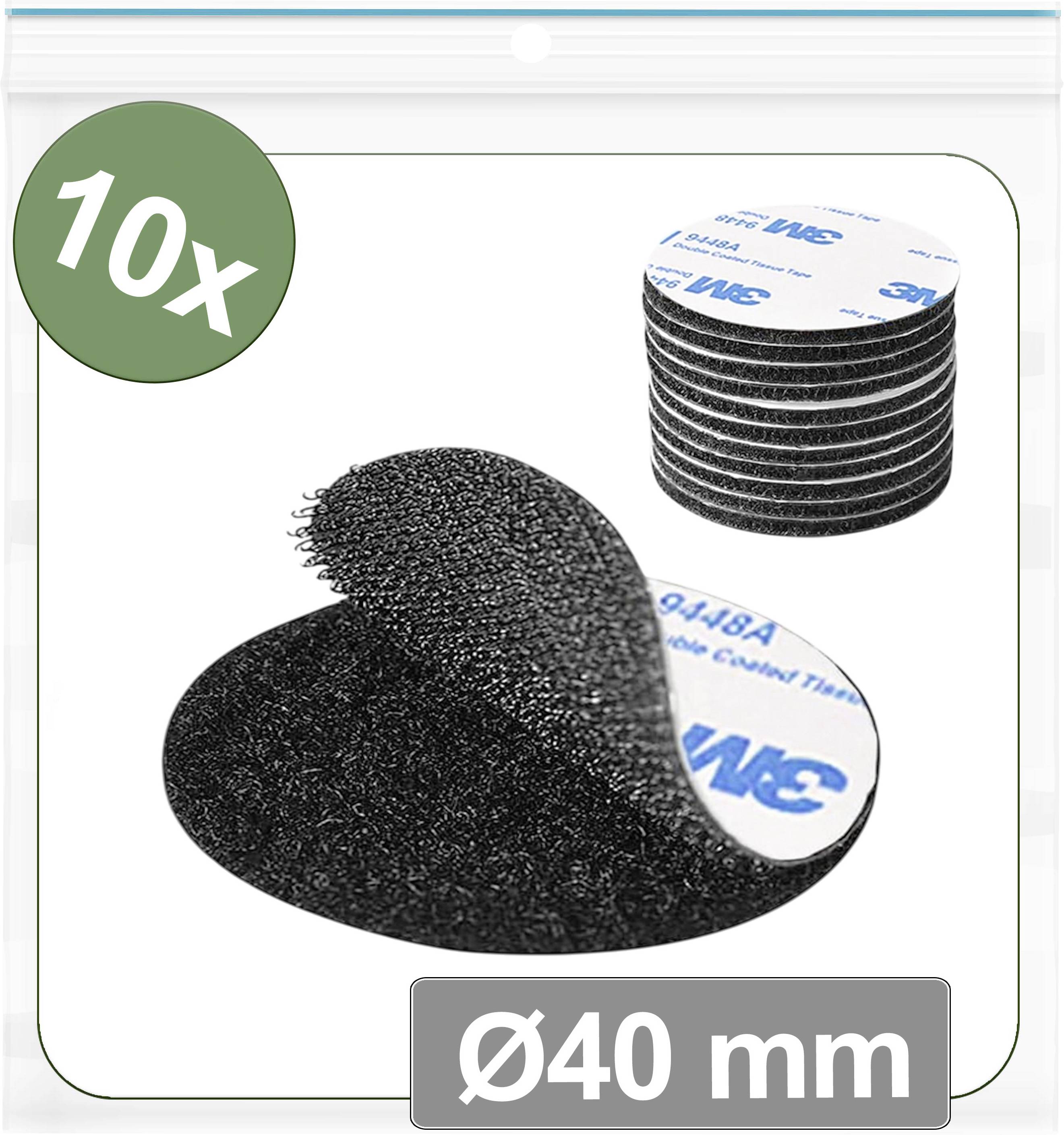 A pack of 10 black circular VELCRO® Brand adhesive pads, each measuring 40 mm in diameter, with a stack of similar pads in the background.