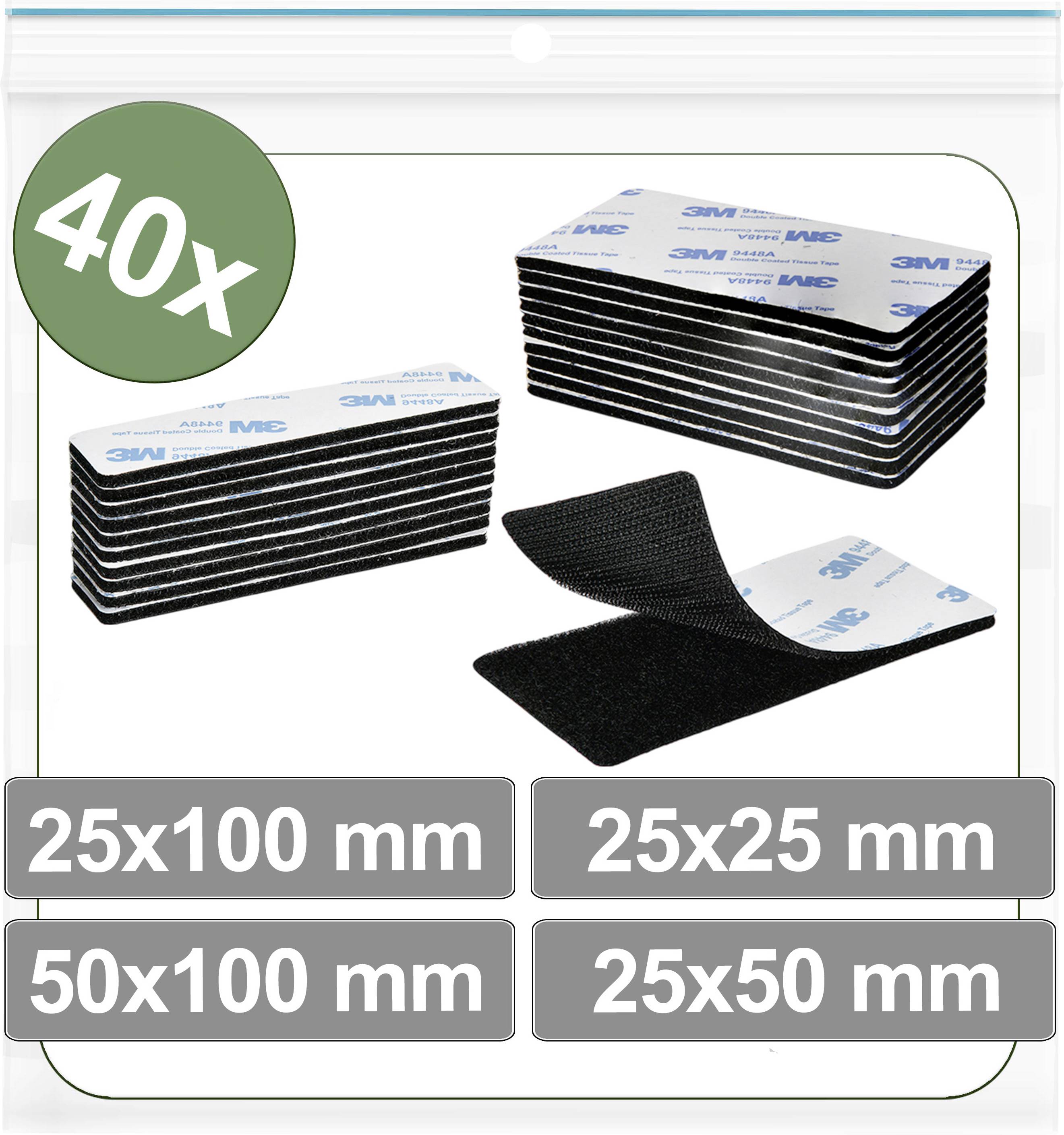 '40x' adhesive hook and loop strips set with 25x100 mm, 50x100 mm, 25x25 mm, and 25x50 mm sizes displayed.