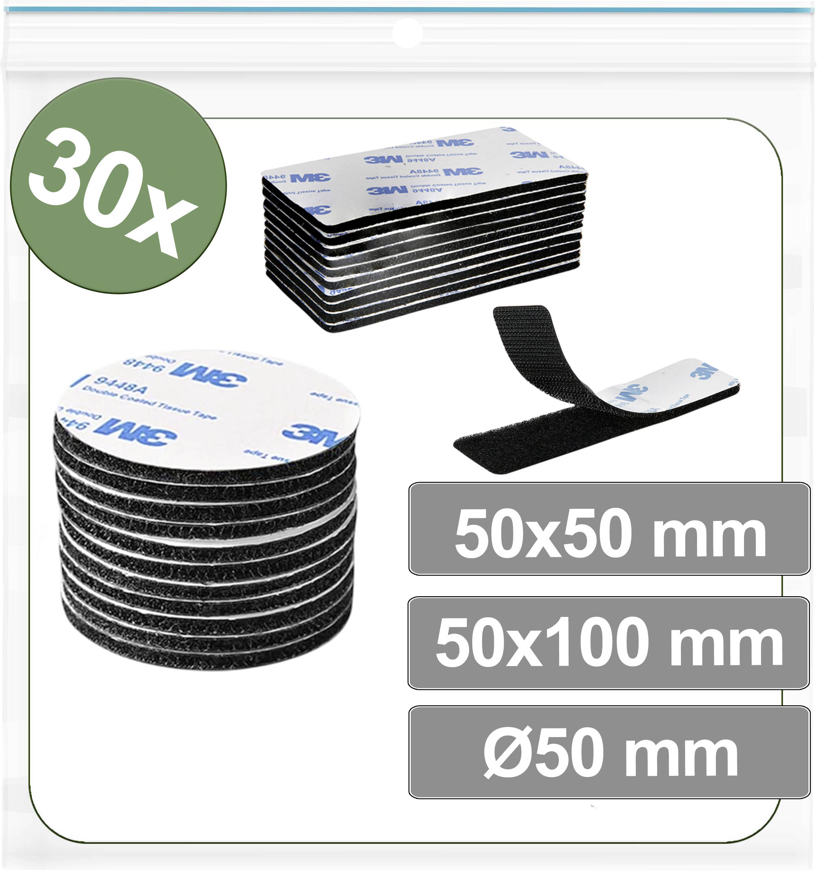 '30x' black adhesive hook-and-loop fasteners in three shapes: rectangular (50x50 mm, 50x100 mm) and circular (Ø50 mm), displayed in packaging.