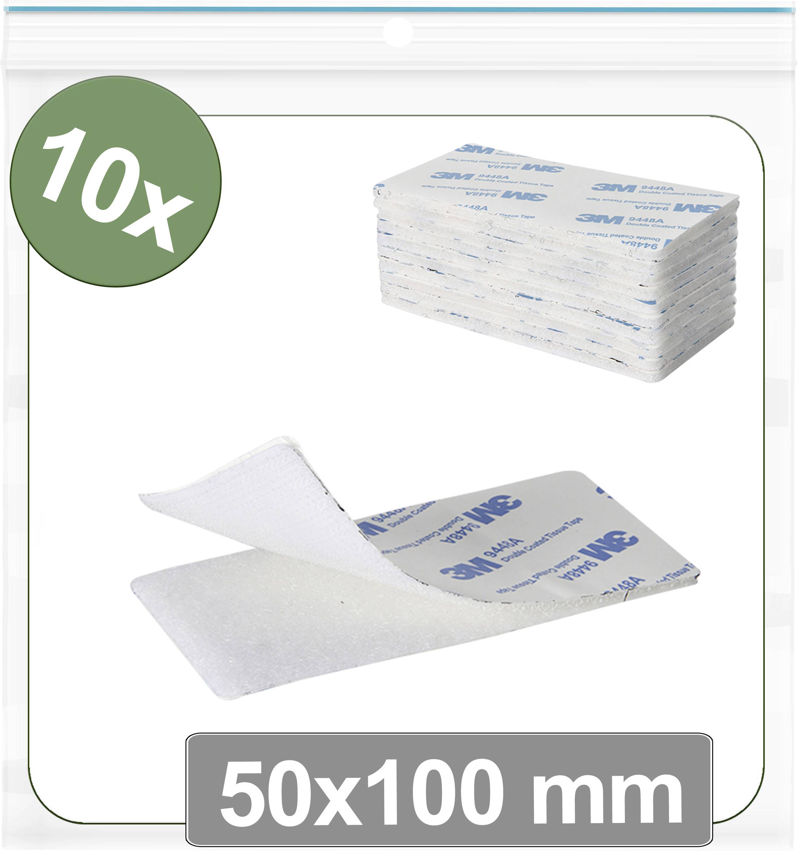 Pack of 10 adhesive abrasive strips, size 50x100 mm, shown in packaging. One strip peeled back to show texture.