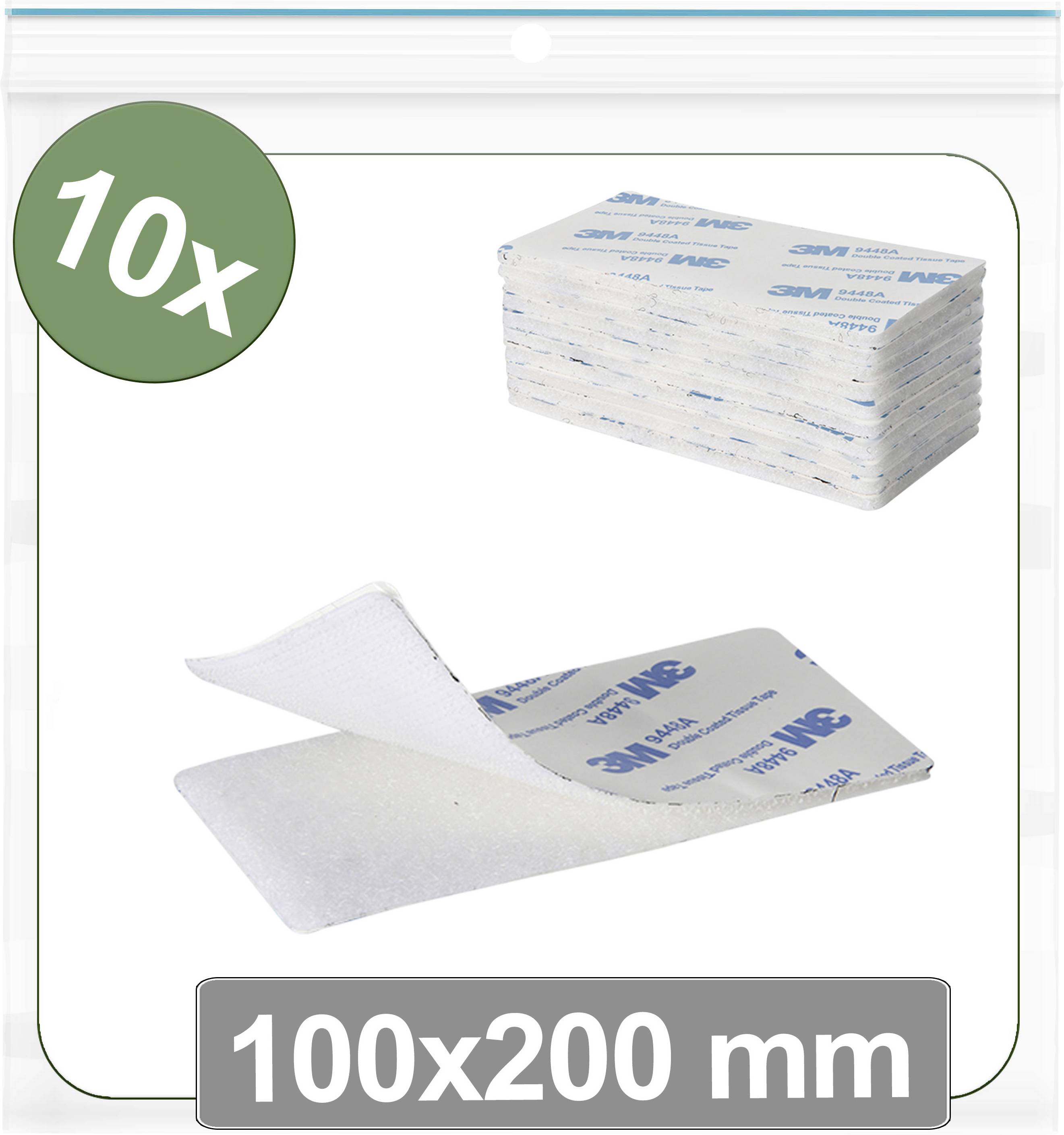 '10x' pack of adhesive pads measuring 100x200 mm, shown stacked and with one pad peeled to reveal adhesive side.