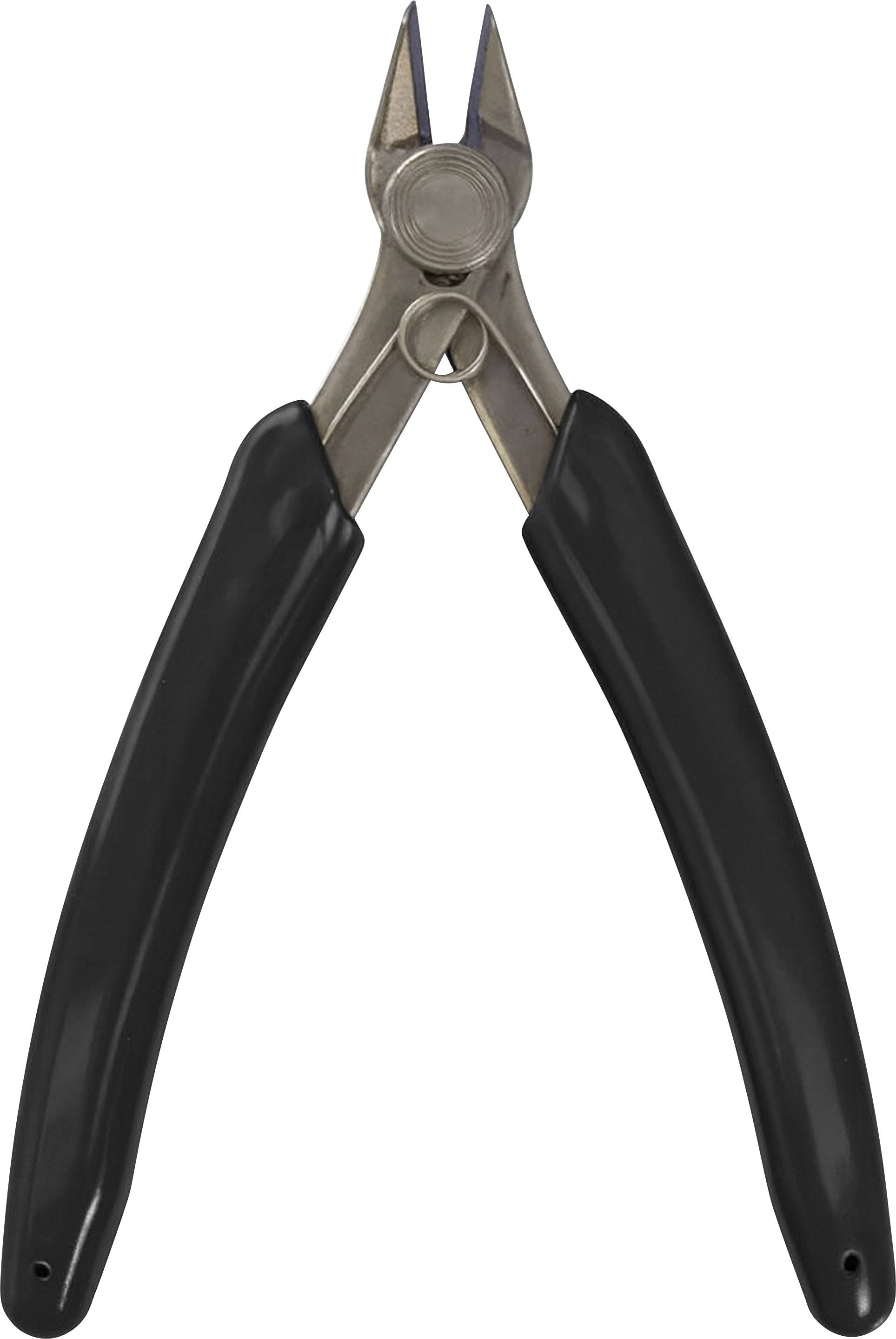 A pair of metal wire cutters with black handles facing upwards, intended for cutting wire or small metal pieces.