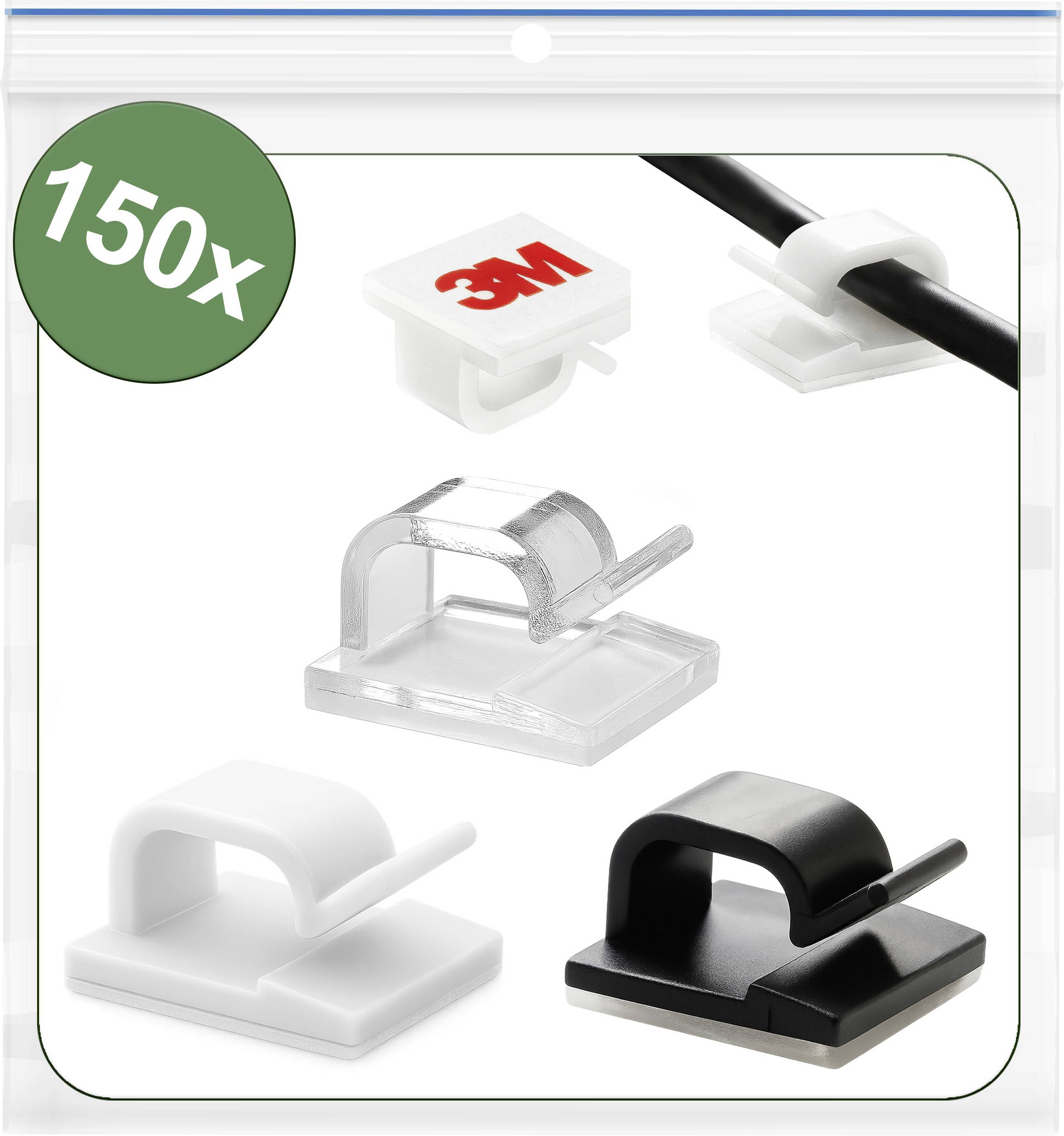Assorted cable clips for organizing cords, including clear, white, and black options, with adhesive backing, packaged in sets of 150.