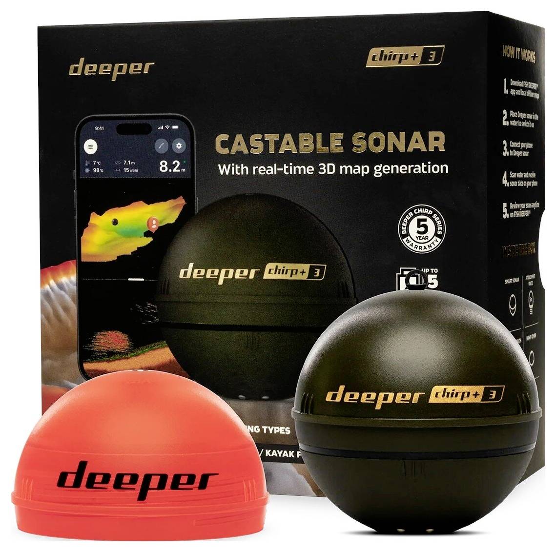 'Deeper CHIRP+ 2' castable sonar shown in black and orange beside its packaging. Compatible with smartphones for real-time 3D mapping.