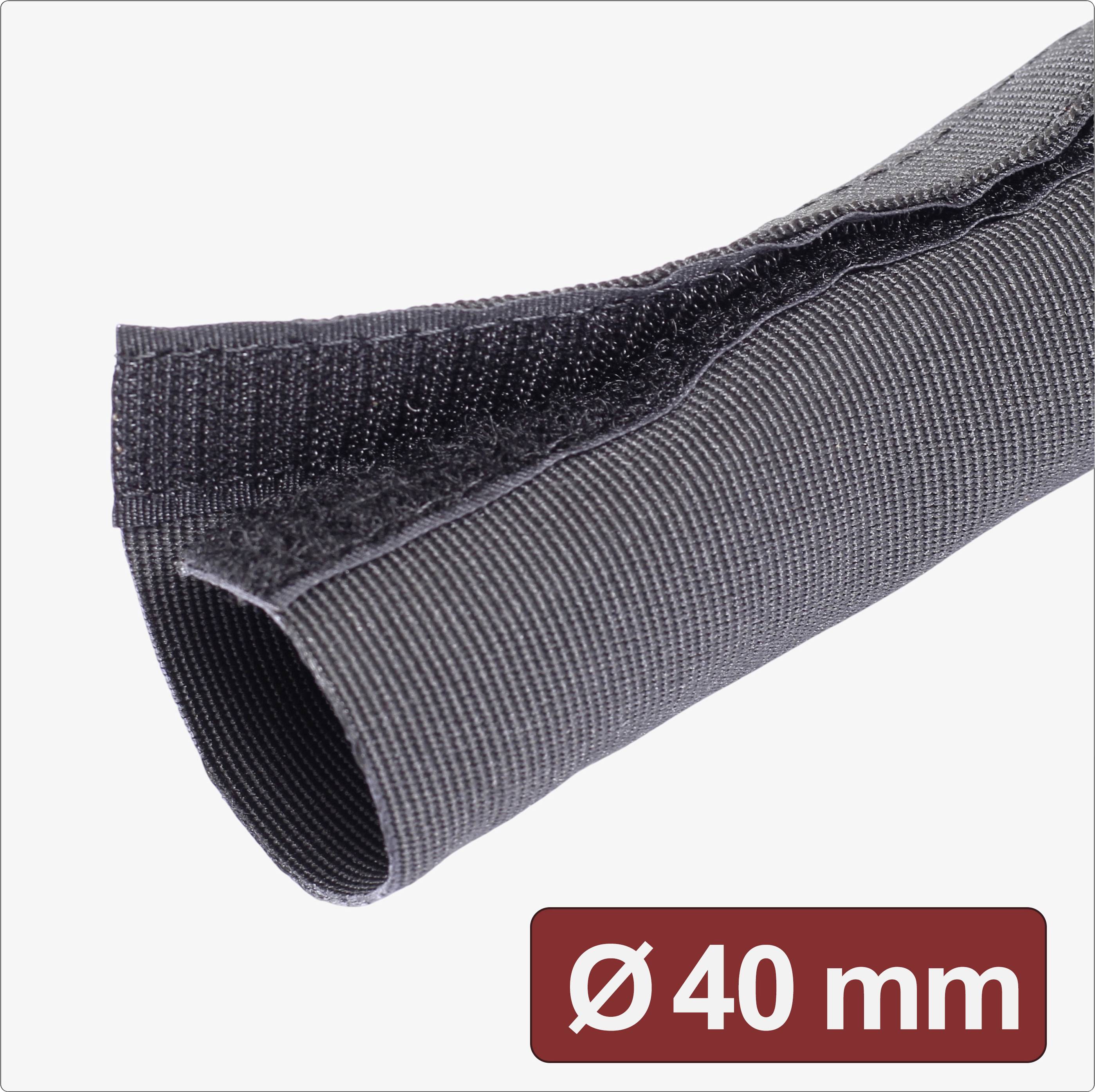 A black cable sleeve with a 40 mm diameter, designed for organizing and protecting cables.