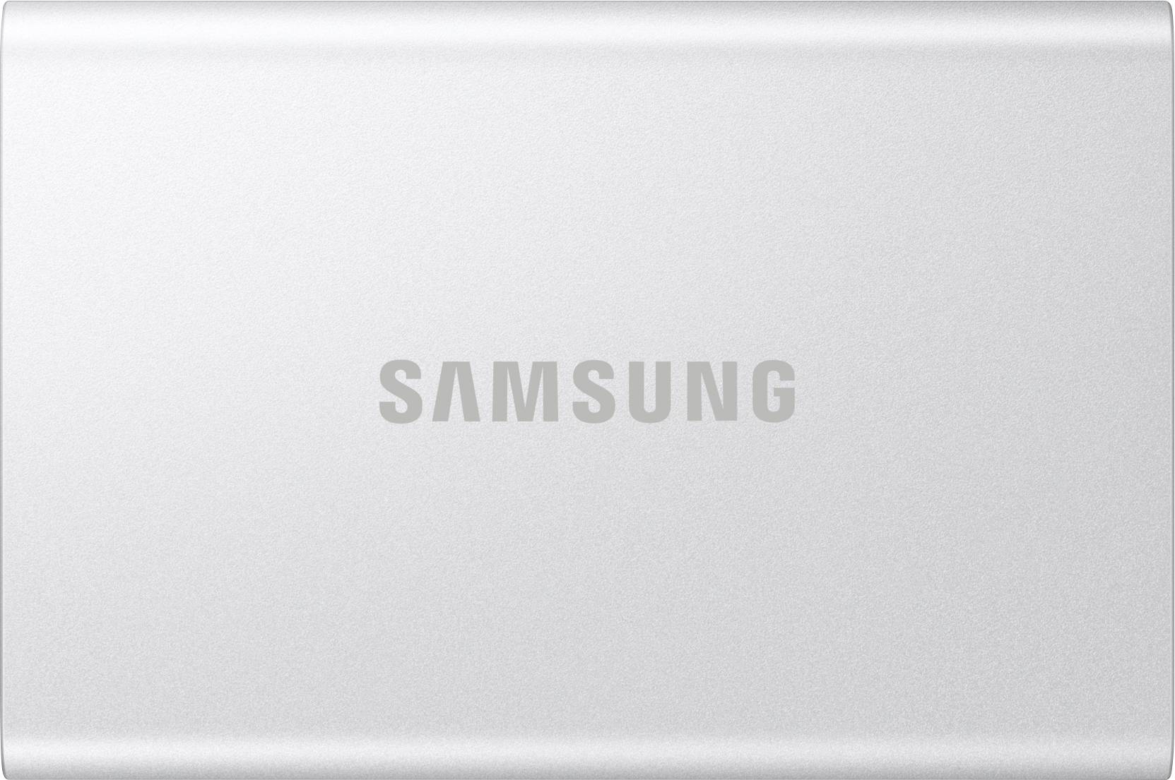 A closed silver Samsung laptop viewed from the top, displaying the 'SAMSUNG' logo in gray letters at the center.