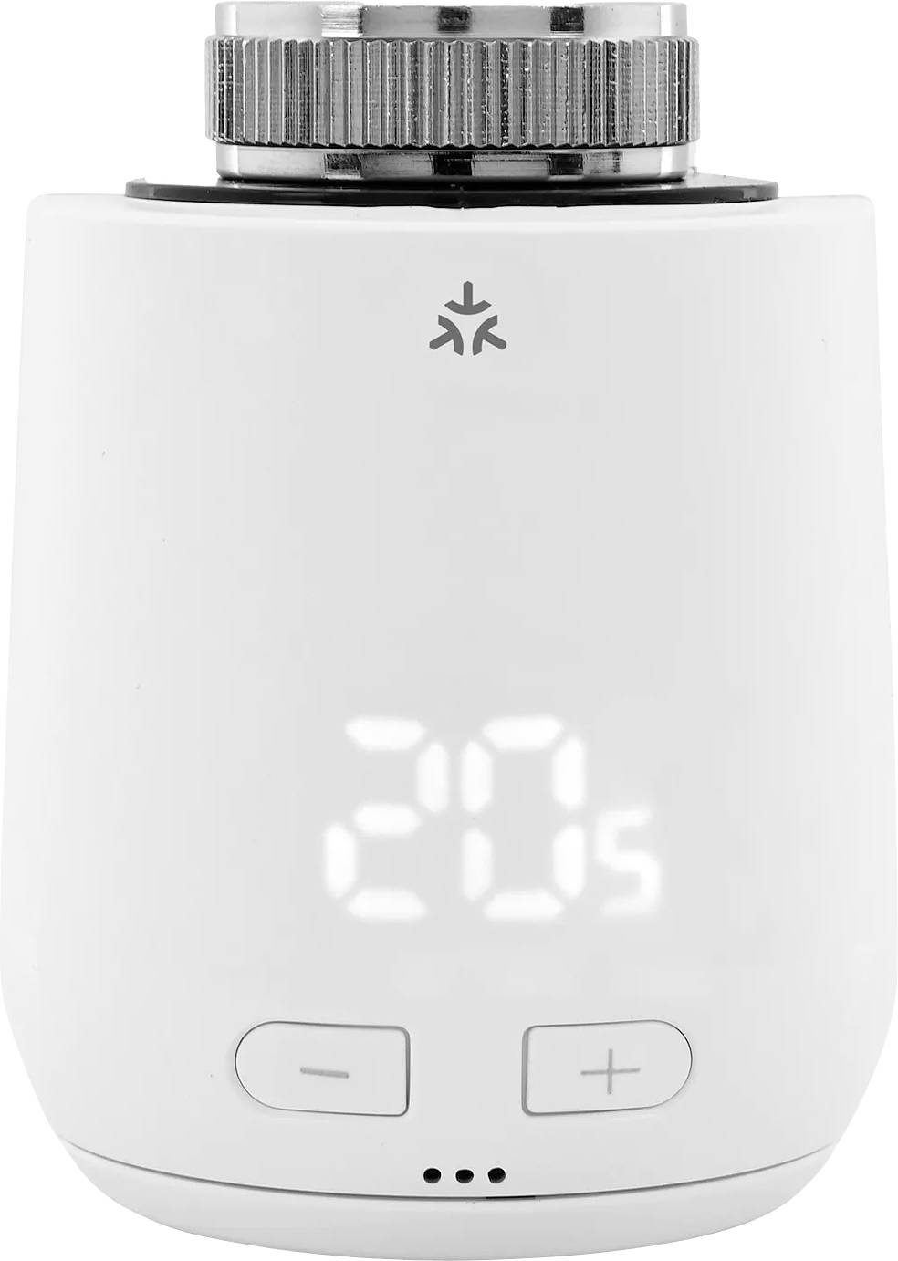 A white smart thermostat displays '20°' with '+' and '-' buttons below.