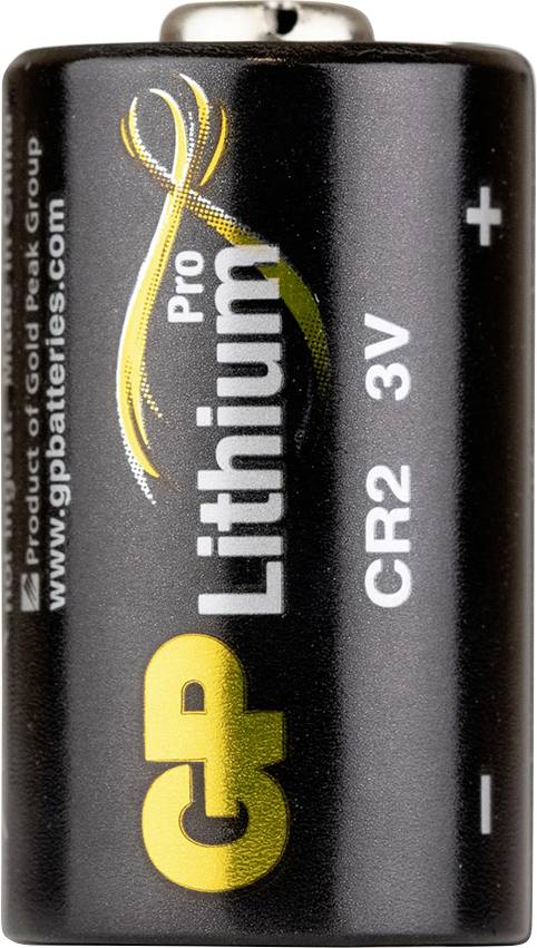 A black GP Lithium Pro CR2 3V battery with yellow branding.