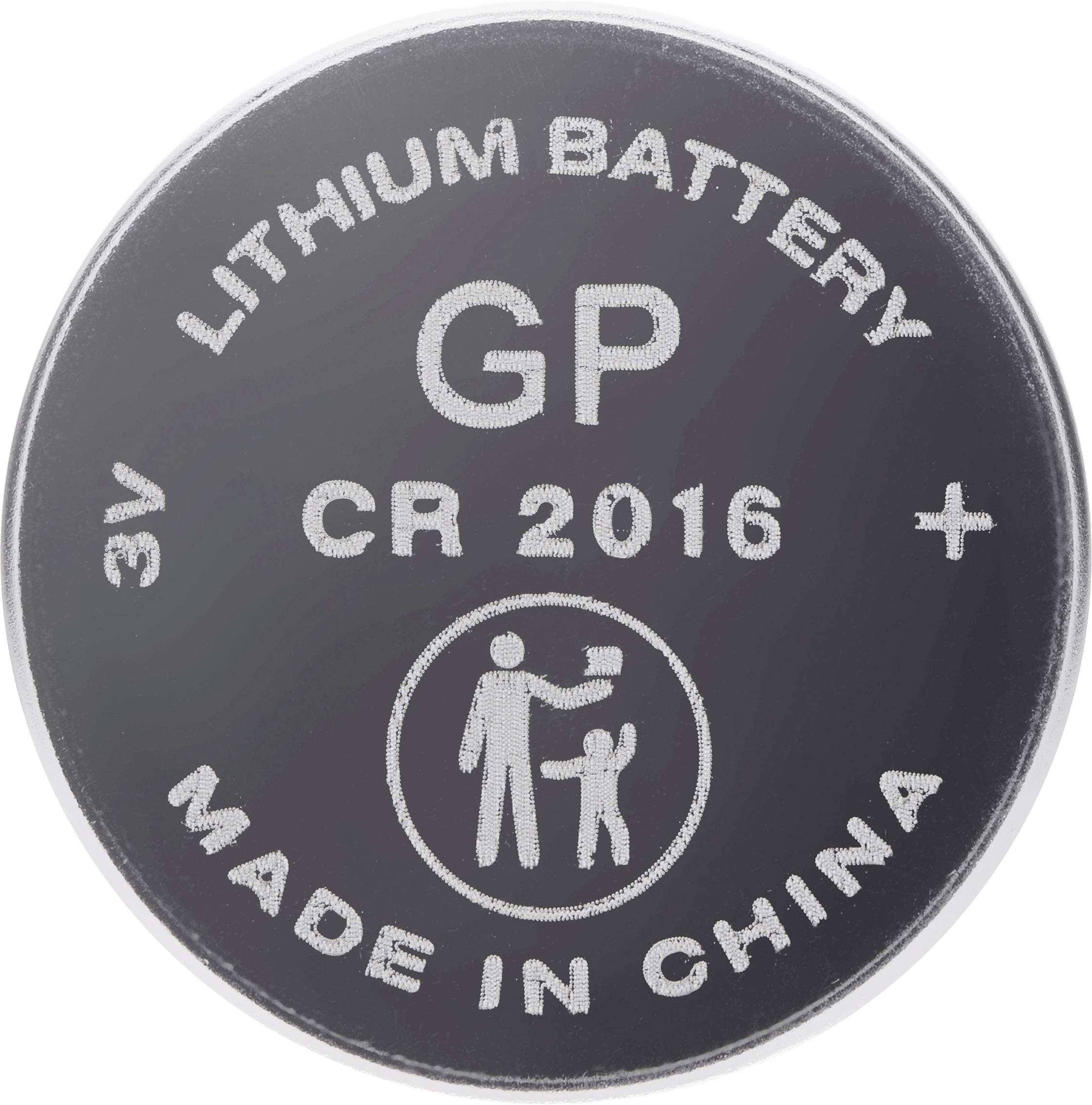 'Lithium Battery GP CR 2016, 3V, Made in China', with a symbol indicating safe handling around children.