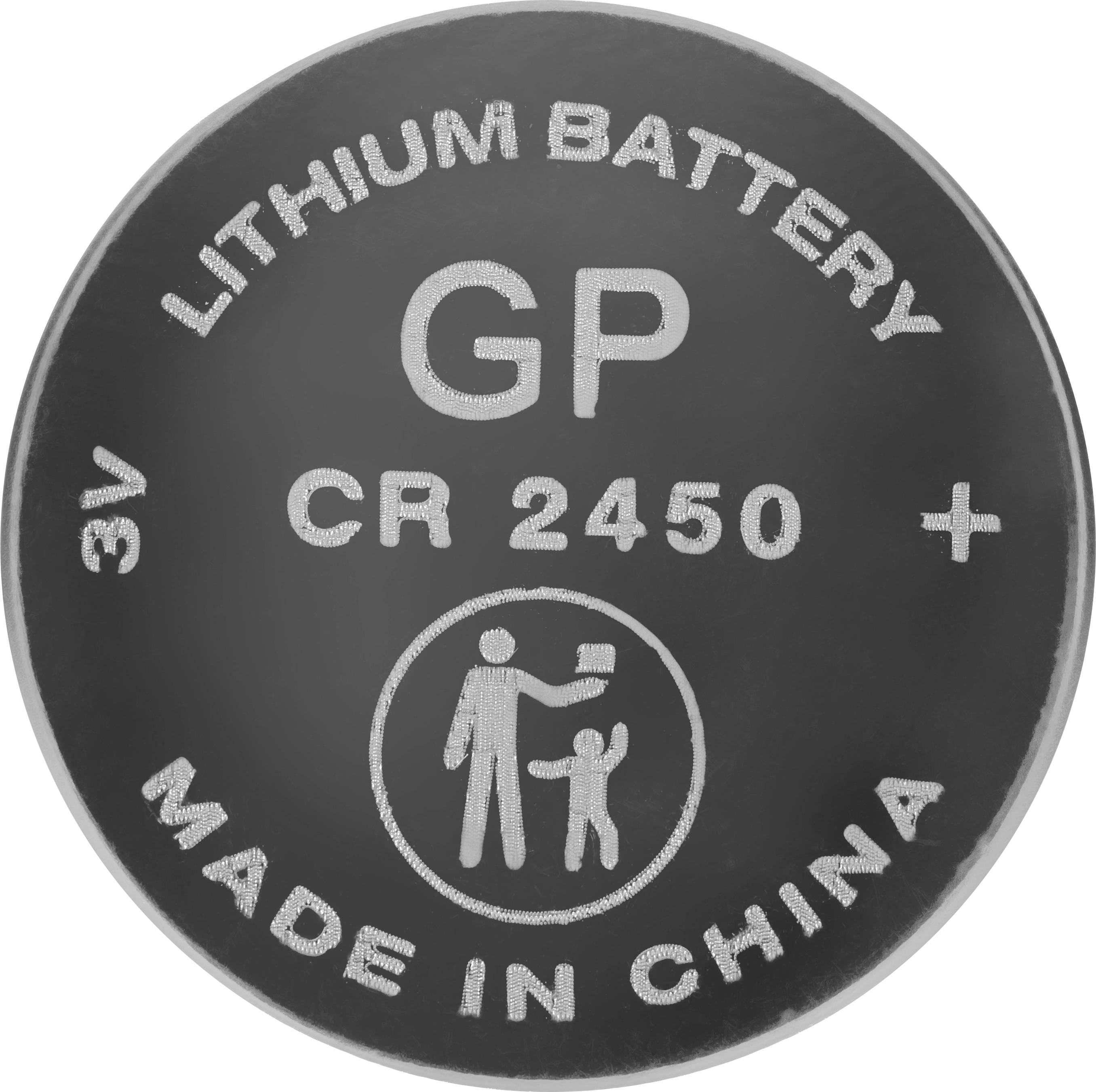 'GP CR 2450 lithium battery, 3V, Made in China' with an icon of a parent and child holding hands, indicating a warning.
