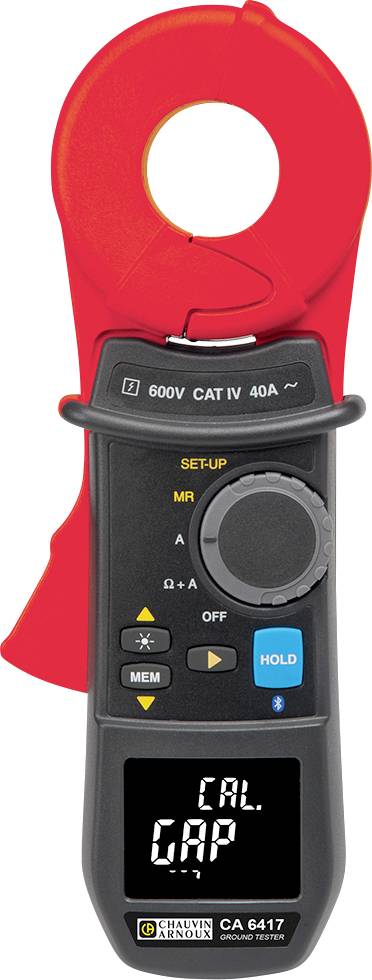 A clamp multimeter with an open red jaw, black body, and digital display showing 'CAL CAP'. Includes various buttons and a rotary switch.