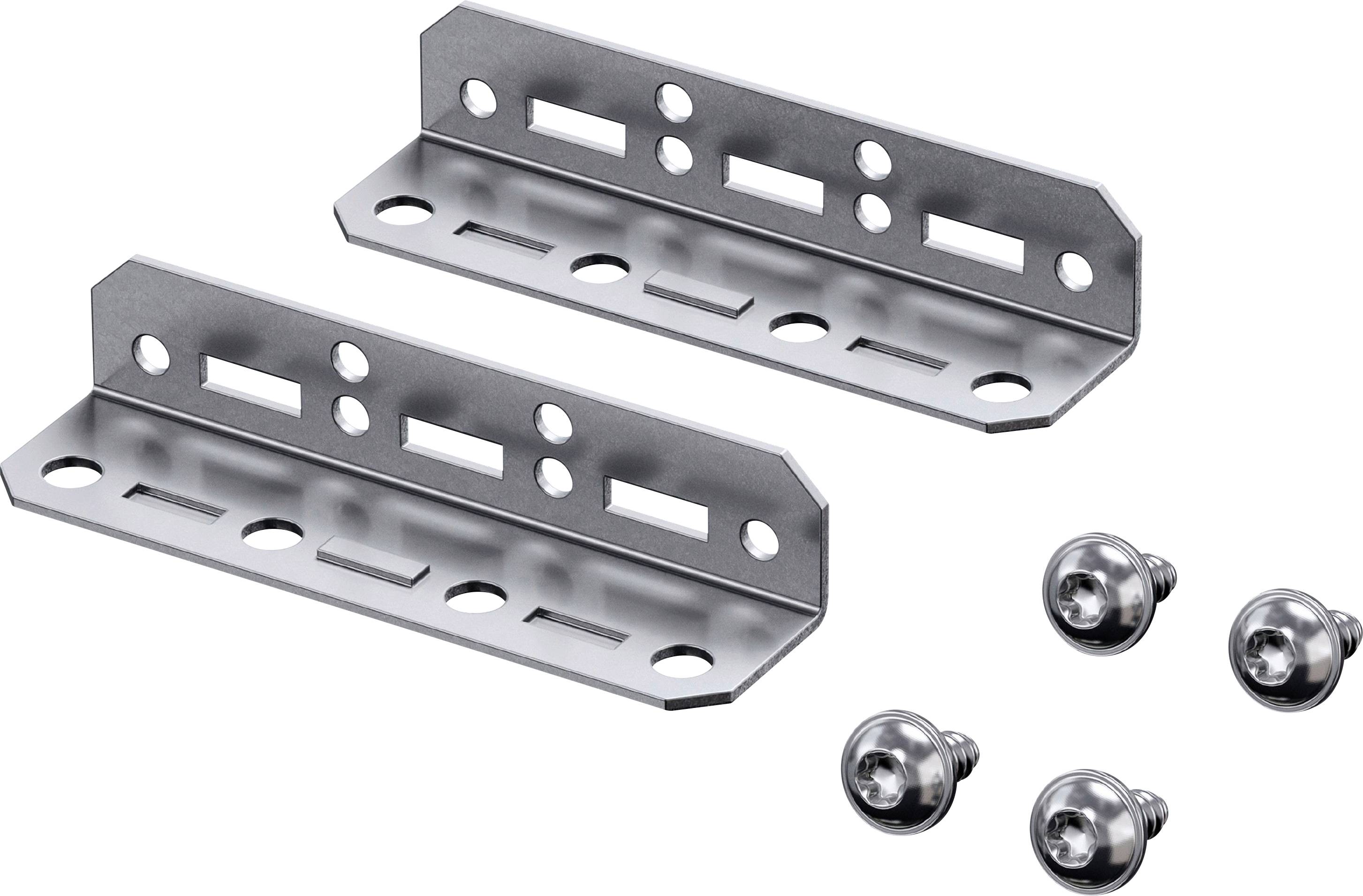 Two metal brackets with multiple holes and four screws, suitable for fastening or mounting objects securely.