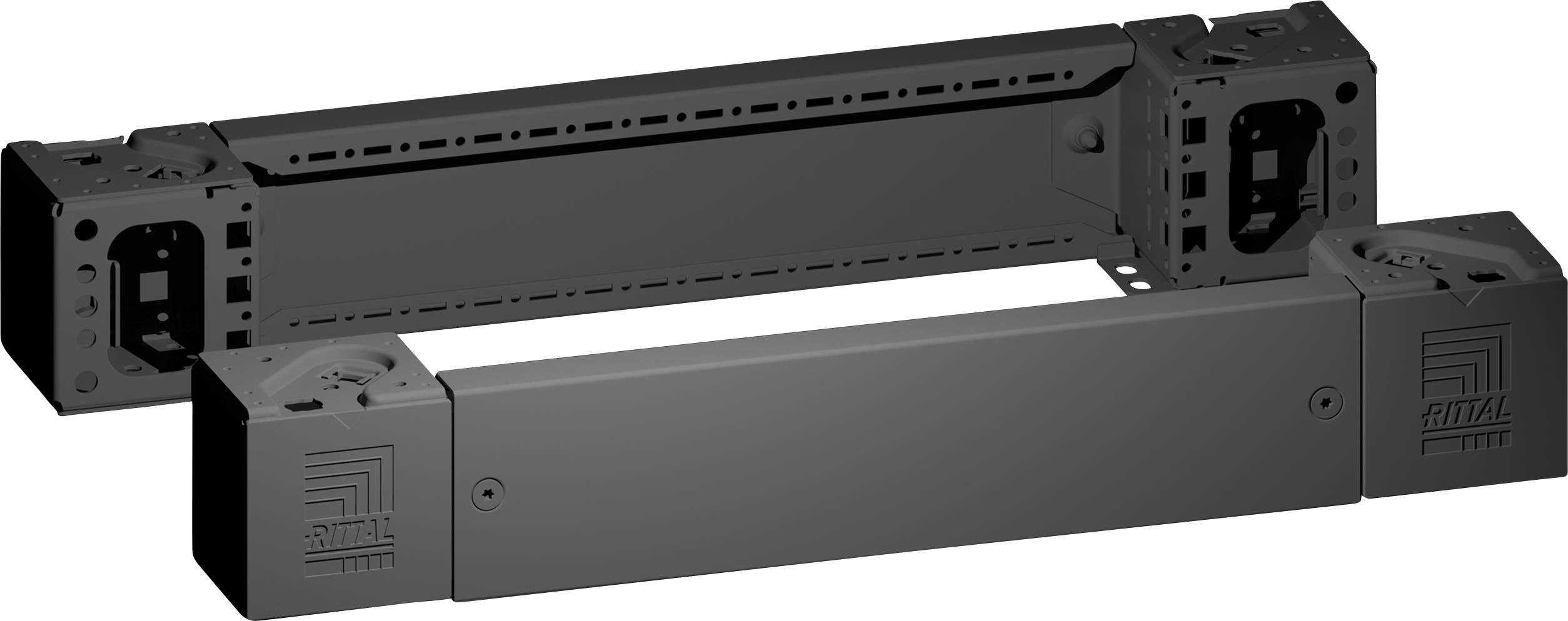 'Rittal' branded ventilation system for electronic enclosures, shown in a black color with two units connected perpendicularly.