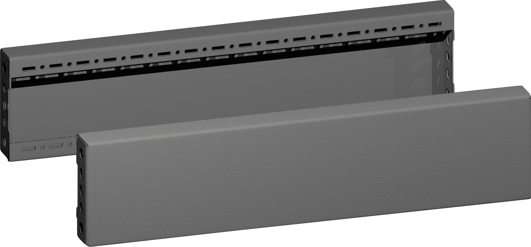 Two rectangular gray panels stand upright; one shows a perforated edge at the top, while the other appears solid with no visible openings.