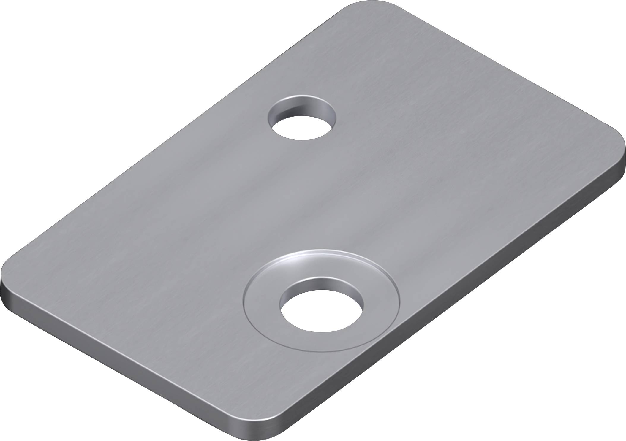 A rectangular metal plate with rounded edges featuring two differently sized circular holes. The surface appears smooth and shiny.