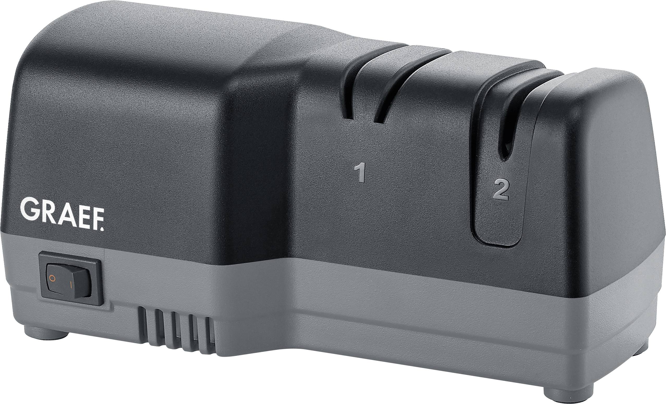 Electric knife sharpener with two slots labeled '1' and '2' for sharpening stages, featuring a black and grey design, and a power switch.
