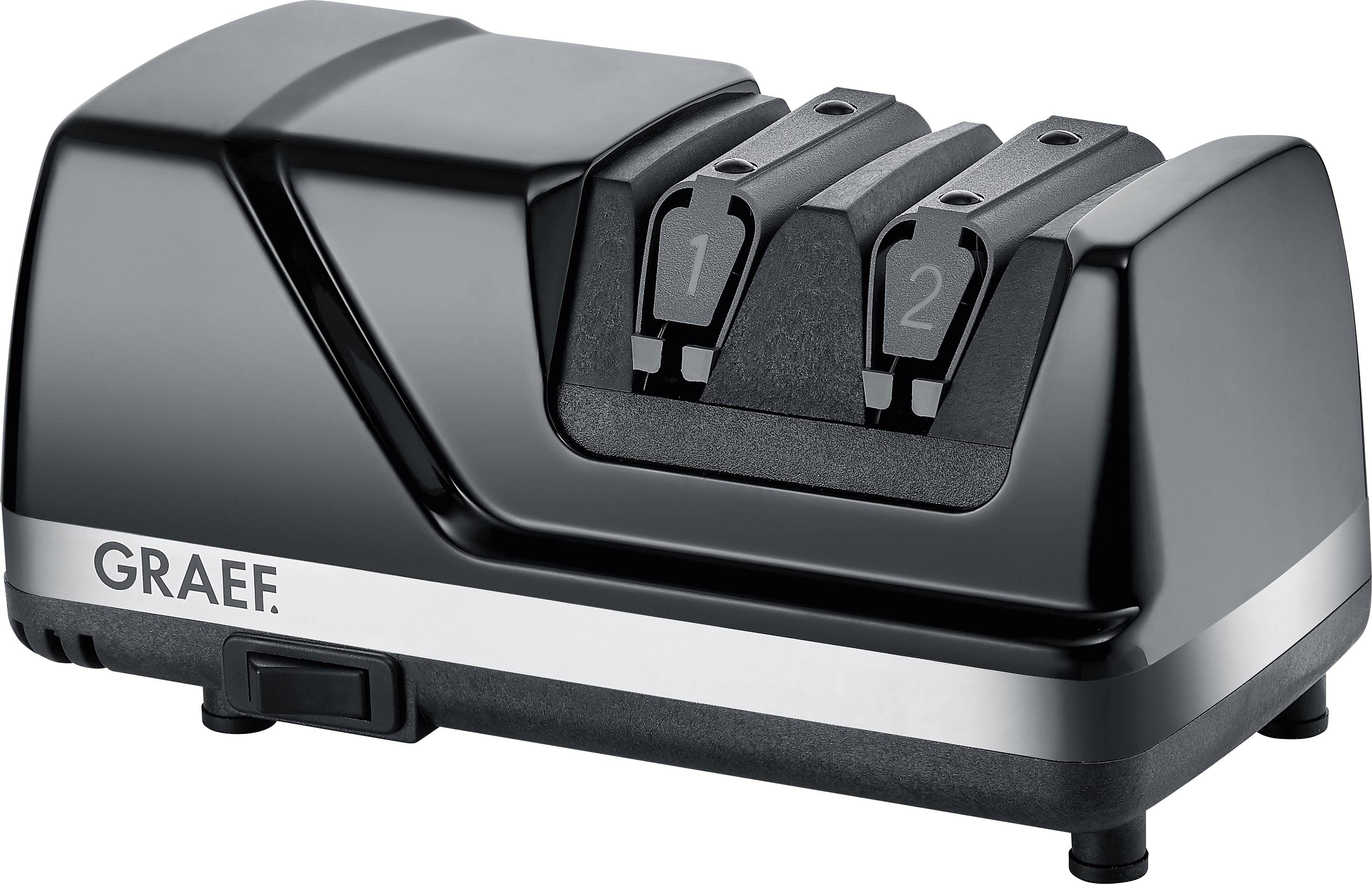 Electric knife sharpener with a sleek black design, labeled 'Graef'. Two sharpening slots marked '1' and '2' indicate sharpening stages.