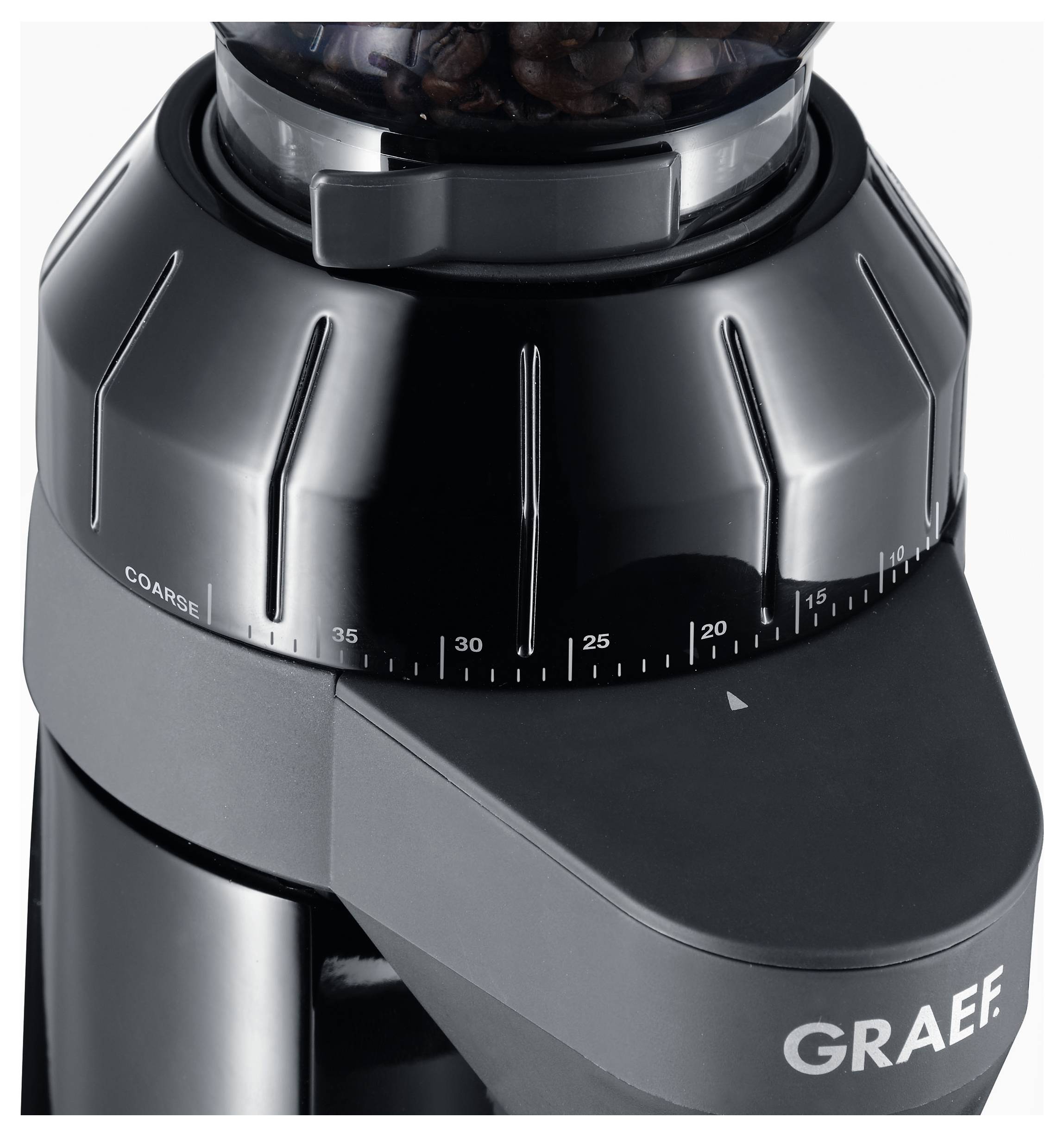 A black coffee grinder with a dial indicating grind levels from 'coarse' to 'fine'. The brand name 'Graef' is visible on the device.