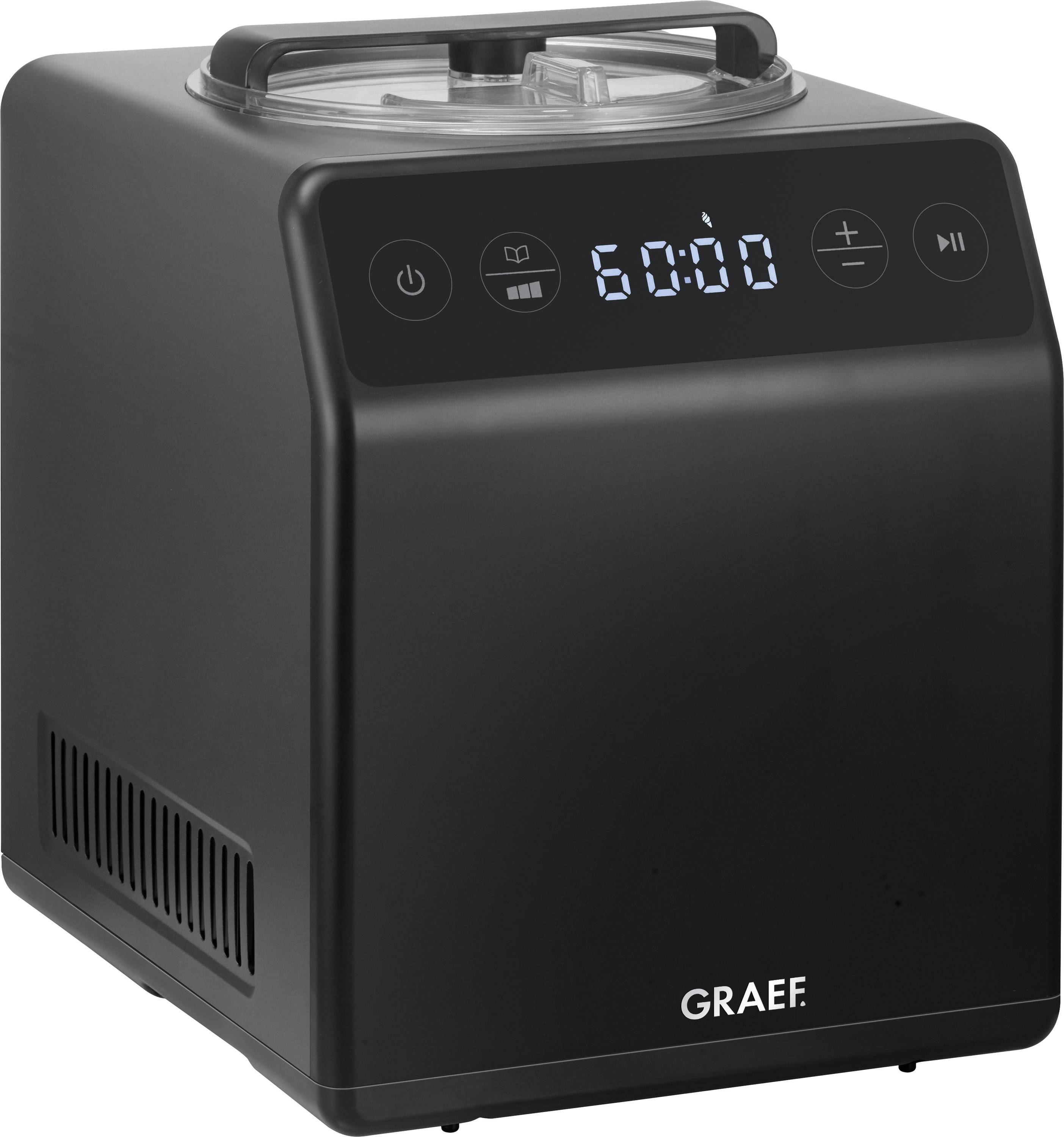 A sleek black ice cream maker with digital controls on the front panel displaying '60:00'. The brand name 'Graef' is visible below.