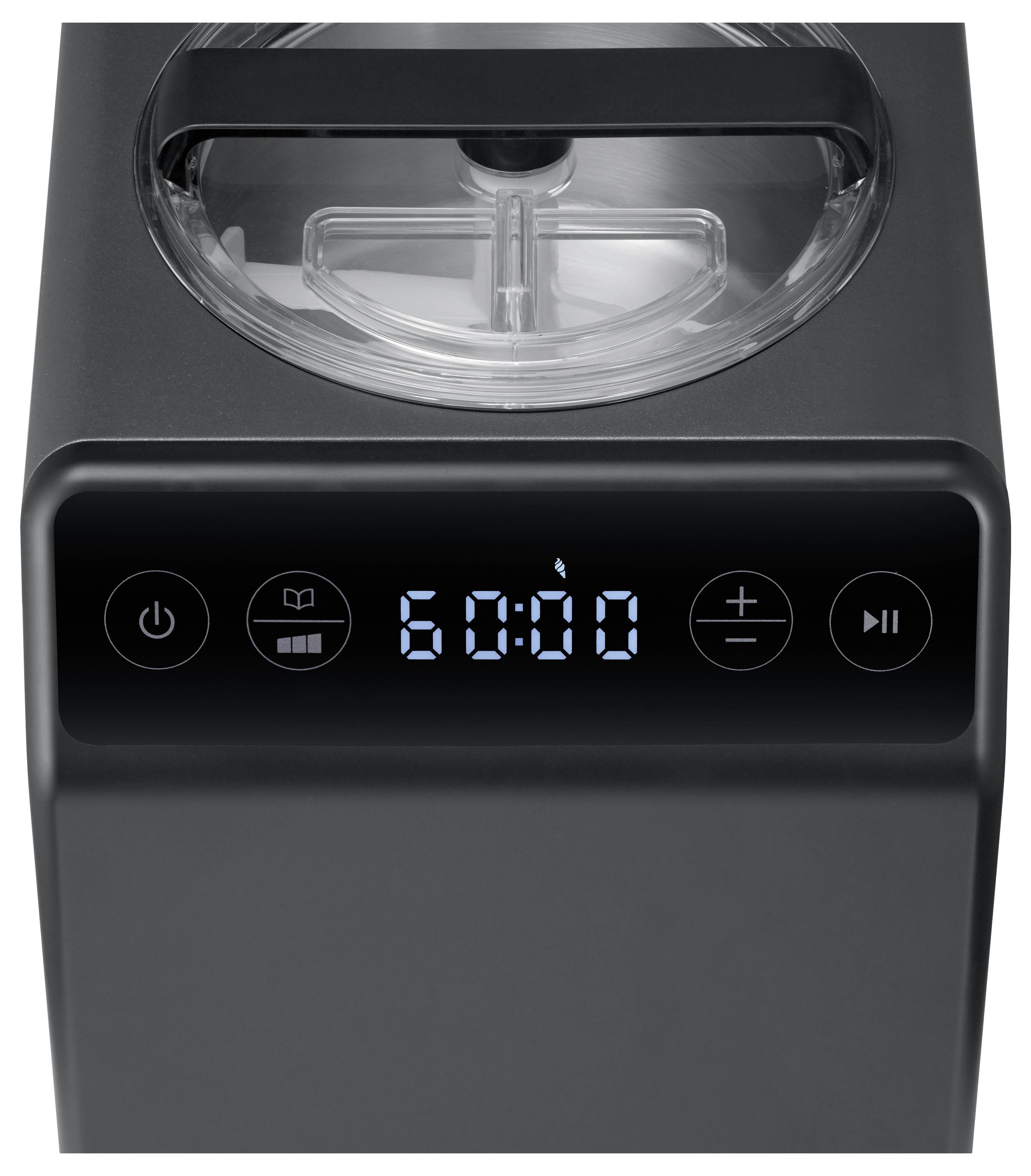 A black appliance with a digital display showing '60:00' and various control buttons including power, start/pause, and settings.