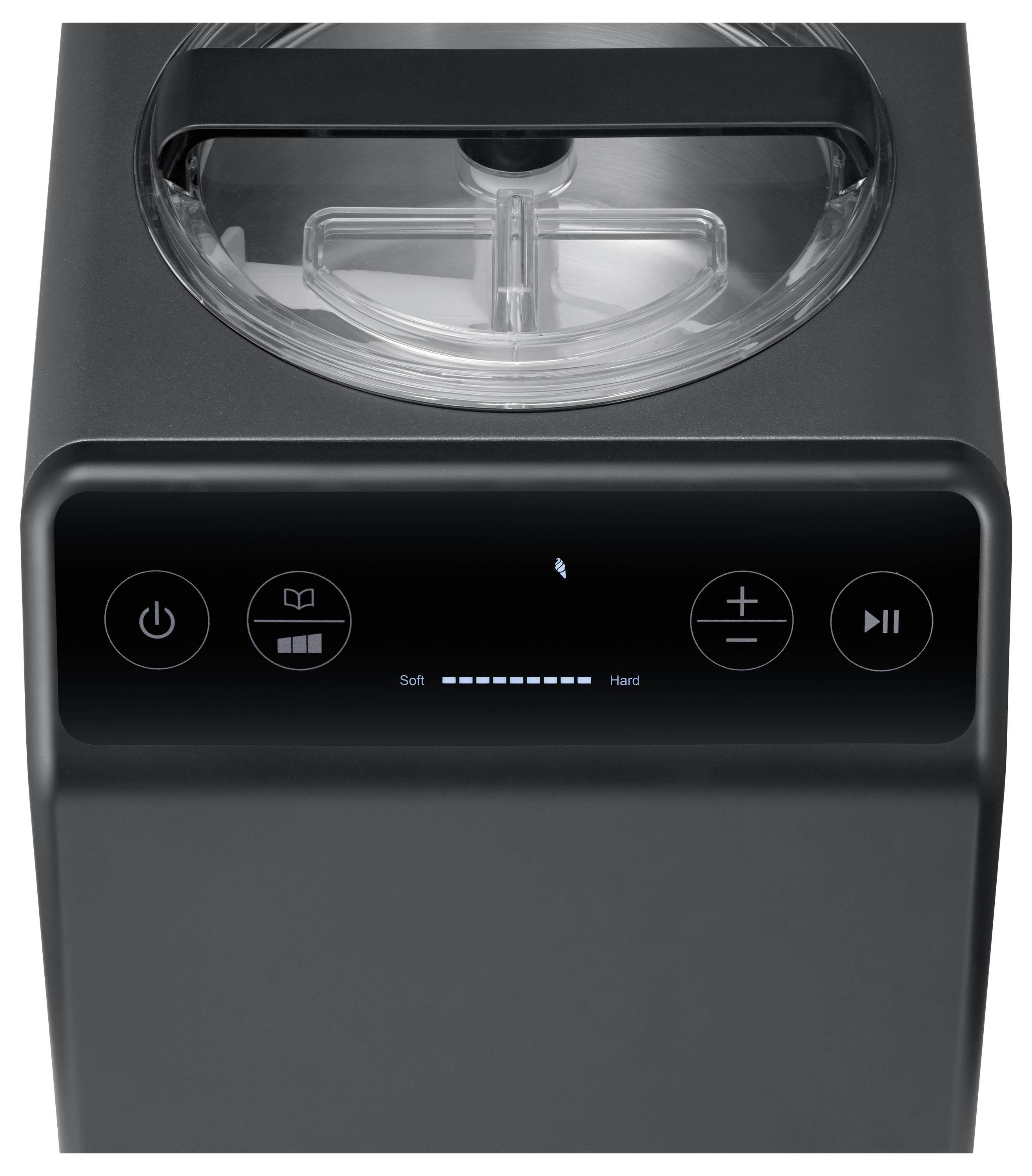 A sleek, modern ice cream maker with a control panel displaying power, settings, and a 'Soft to Hard' texture indicator.