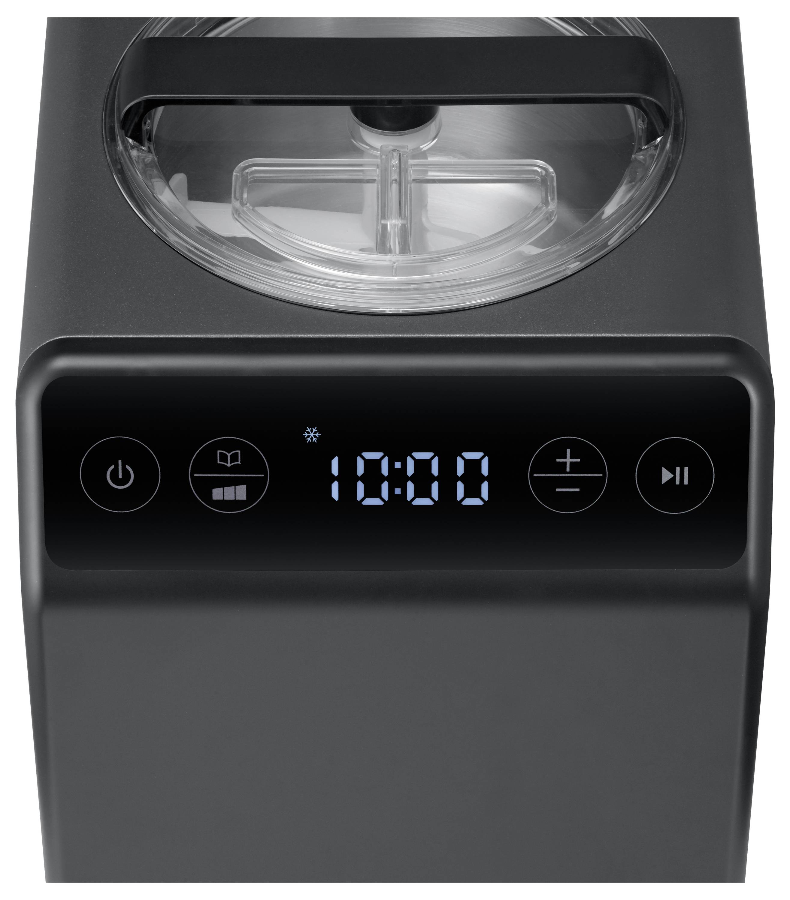 A sleek black kitchen appliance with a digital display showing '10:00'. Buttons include power, menu, and plus/minus controls.